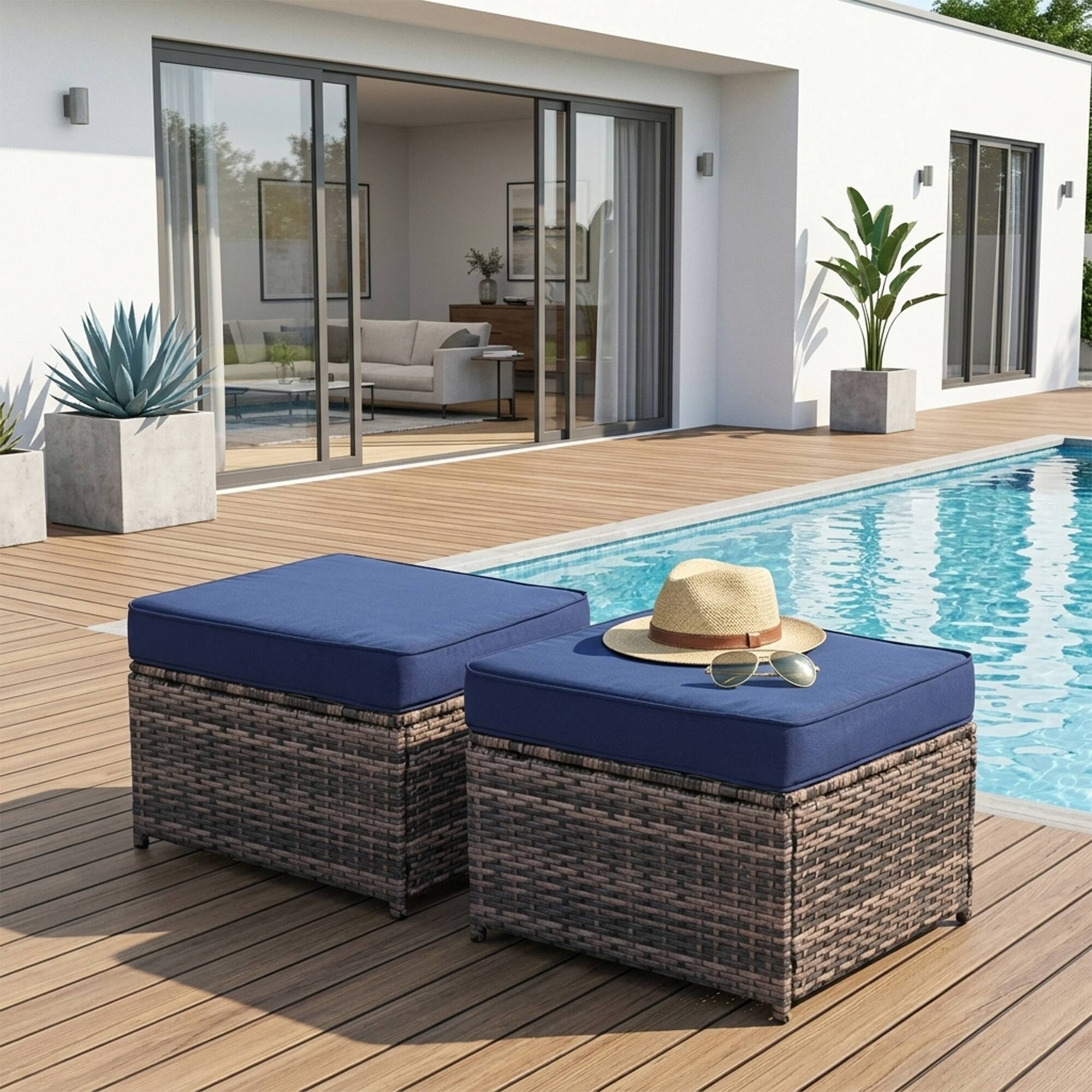 Back. Yardgrace - 2-Piece All-Weather Rattan Patio Ottoman Set, Footstools with Removable Cushions for Garden Backyard Porch - Navy blue.