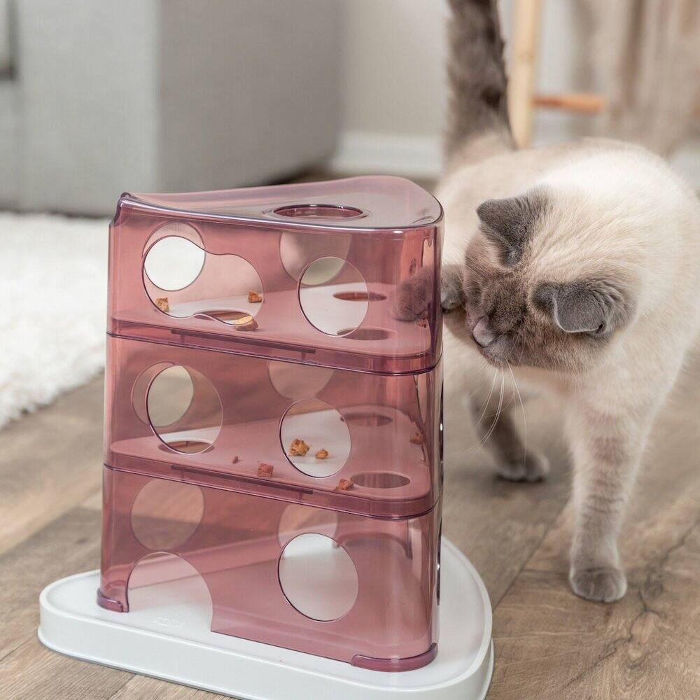 Left. TRIXIE - Cheese Tower Strategy Game for Cats, Puzzle Toy, Treat Dispenser - Berry/Gray.