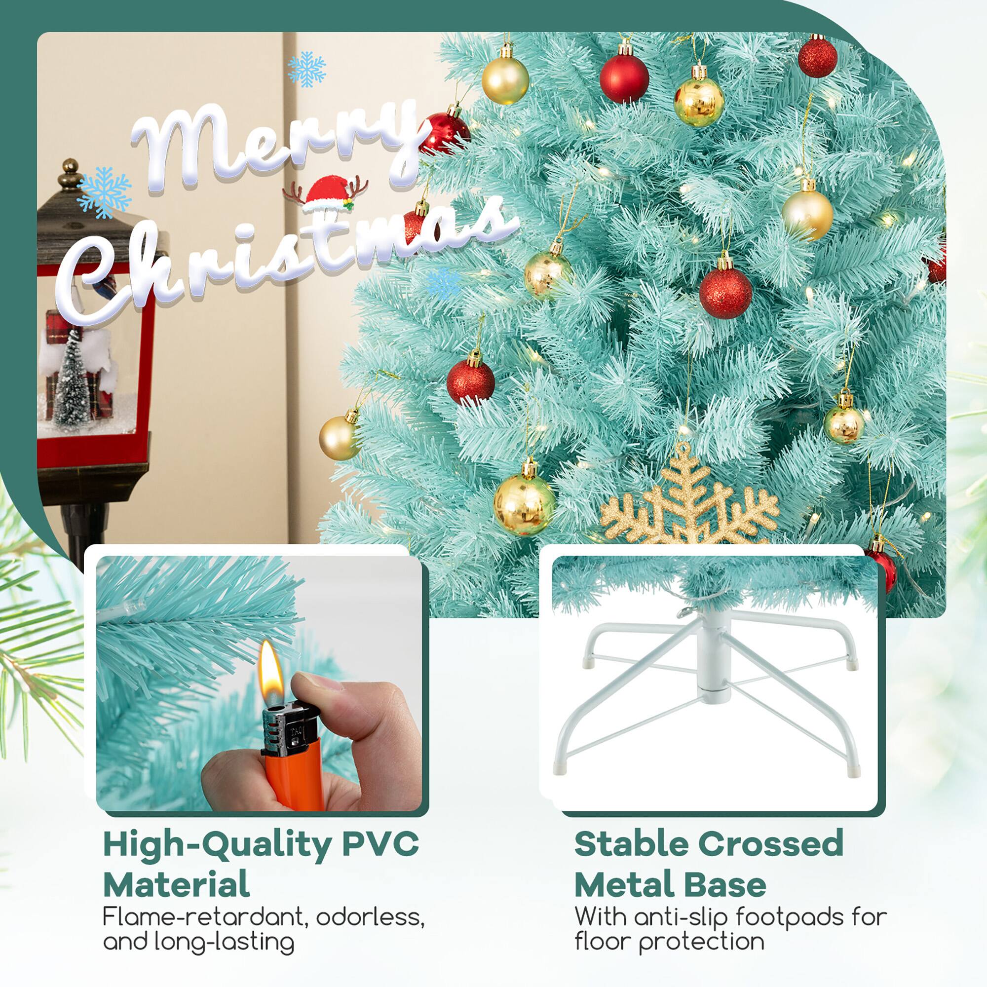 Merry Christmas

High-Quality PVC Material  
Flame-retardant, odorless, and long-lasting

Stable Crossed Metal Base  
With anti-slip footpads for floor protection