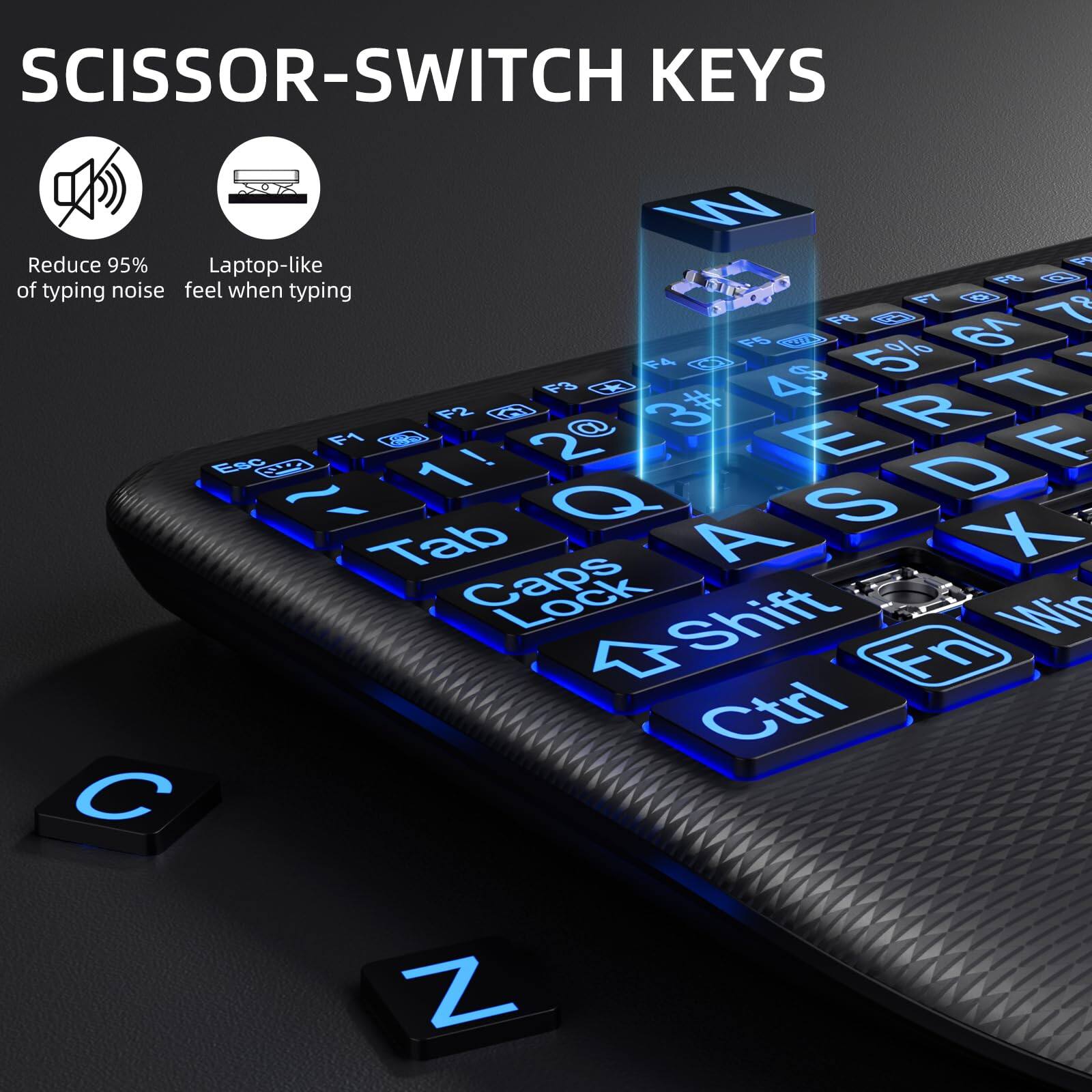 SCISSOR-SWITCH KEYS

- Reduce 95% of typing noise
- Laptop-like feel when typing

W E R T Y U I O P
Q A S D F G H J K L
Z X C V B N M