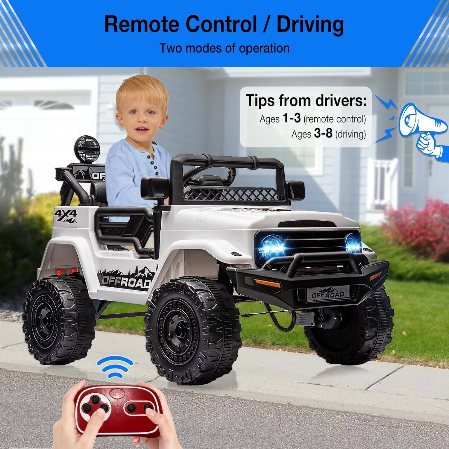 Remote Control / Driving  
Two modes of operation  

Tips from drivers:  
Ages 1-3 (remote control)  
Ages 3-8 (driving)  

OF 4X4 & OFFROAD  
OFF ROAD