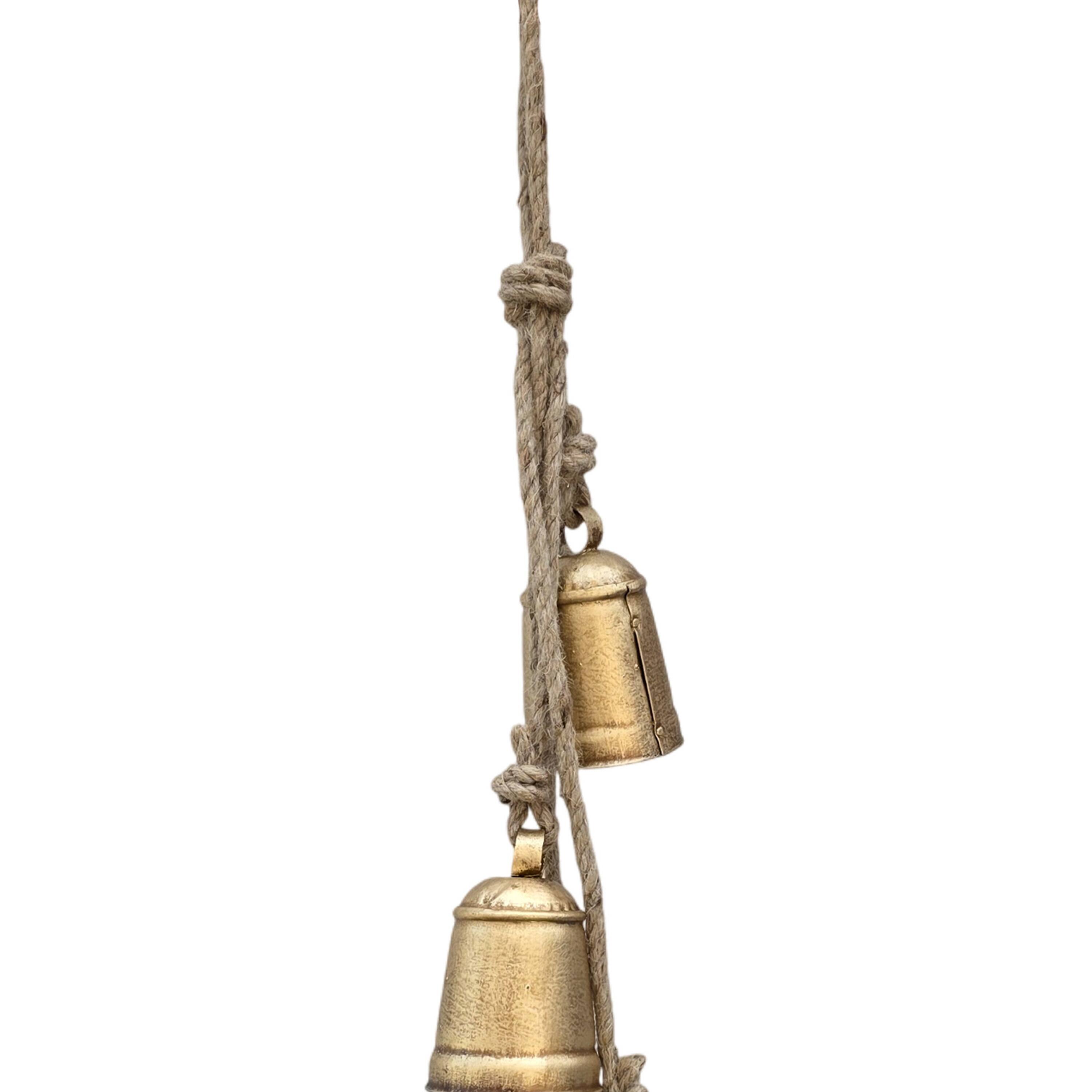 Angle. Manhattan Lane - Zema Rustic Iron Hanging Bells Wall Decor, Cylindrical Cowbell on 28 Inch Jute Rope - Gold.