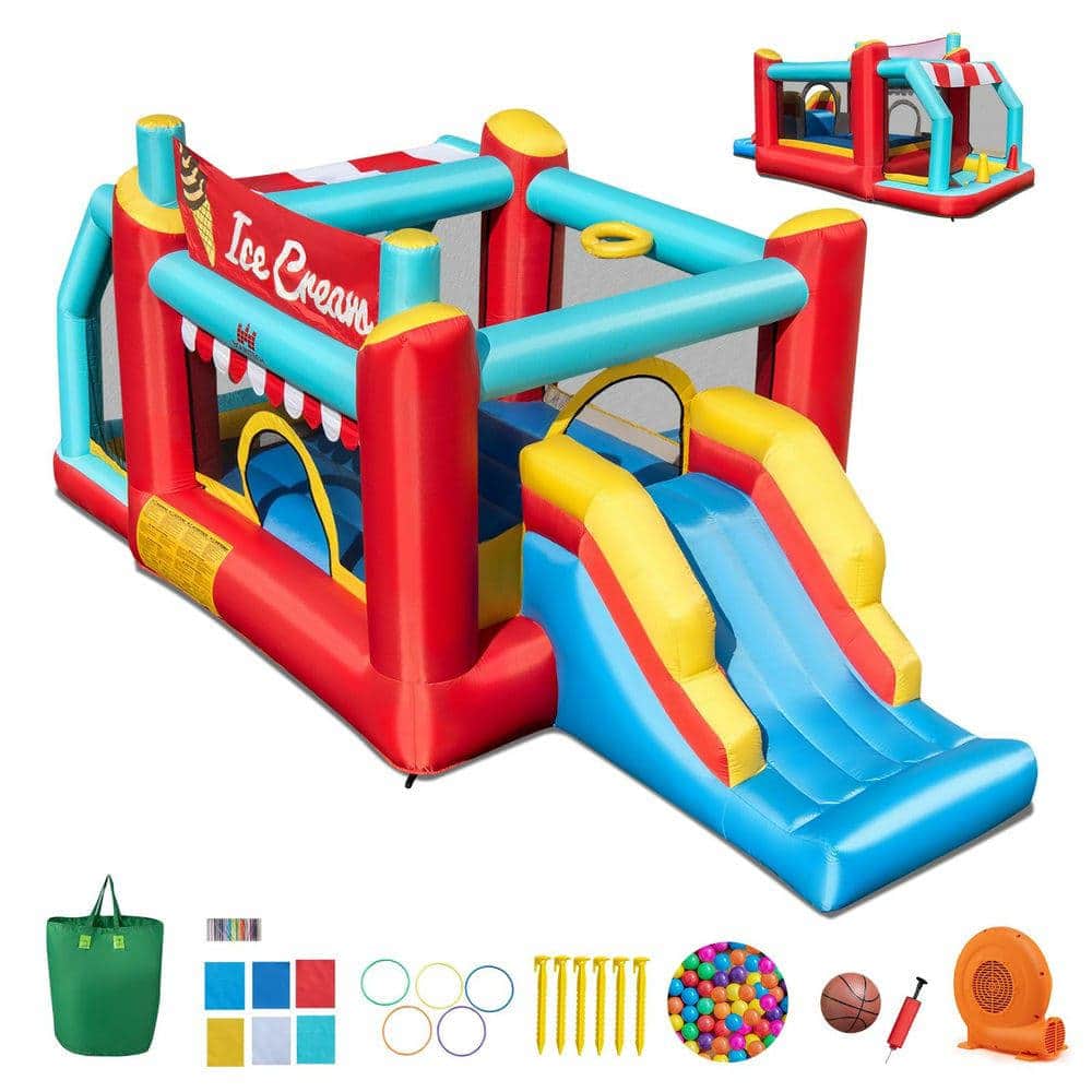 Resenkos - 5-in-1 Ice Cream Inflatable Bounce House with Ball Pit & Slide - No Blower Included Outdoor Play Center