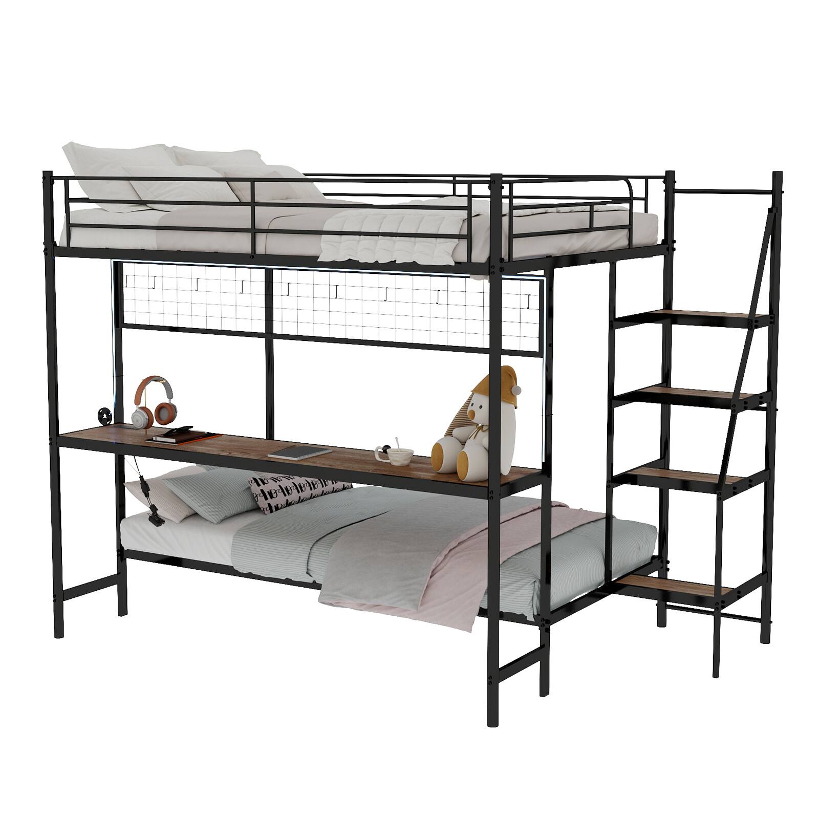 Left. Loheer - Loheer Full Over Twin Metal Bunk Bed with Desk and LED Lights Black Loft Bed Frame - Antique Black.