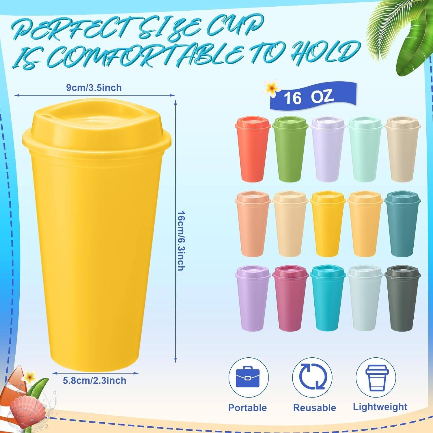 The corrected text is:

"Perfect Size Cup is Comfortable to Hold. 9cm/3.5inch, 16cm/6.3inch, 5.8cm/2.3inch. Portable, Reusable, Lightweight."