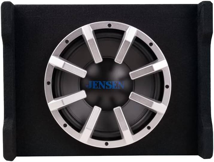 Left. Jensen - Jensen JW10A 10" Subwoofer | Multi-Mount Vented Enclosure | Built-in MOSFET Powered Amplifier - Black.