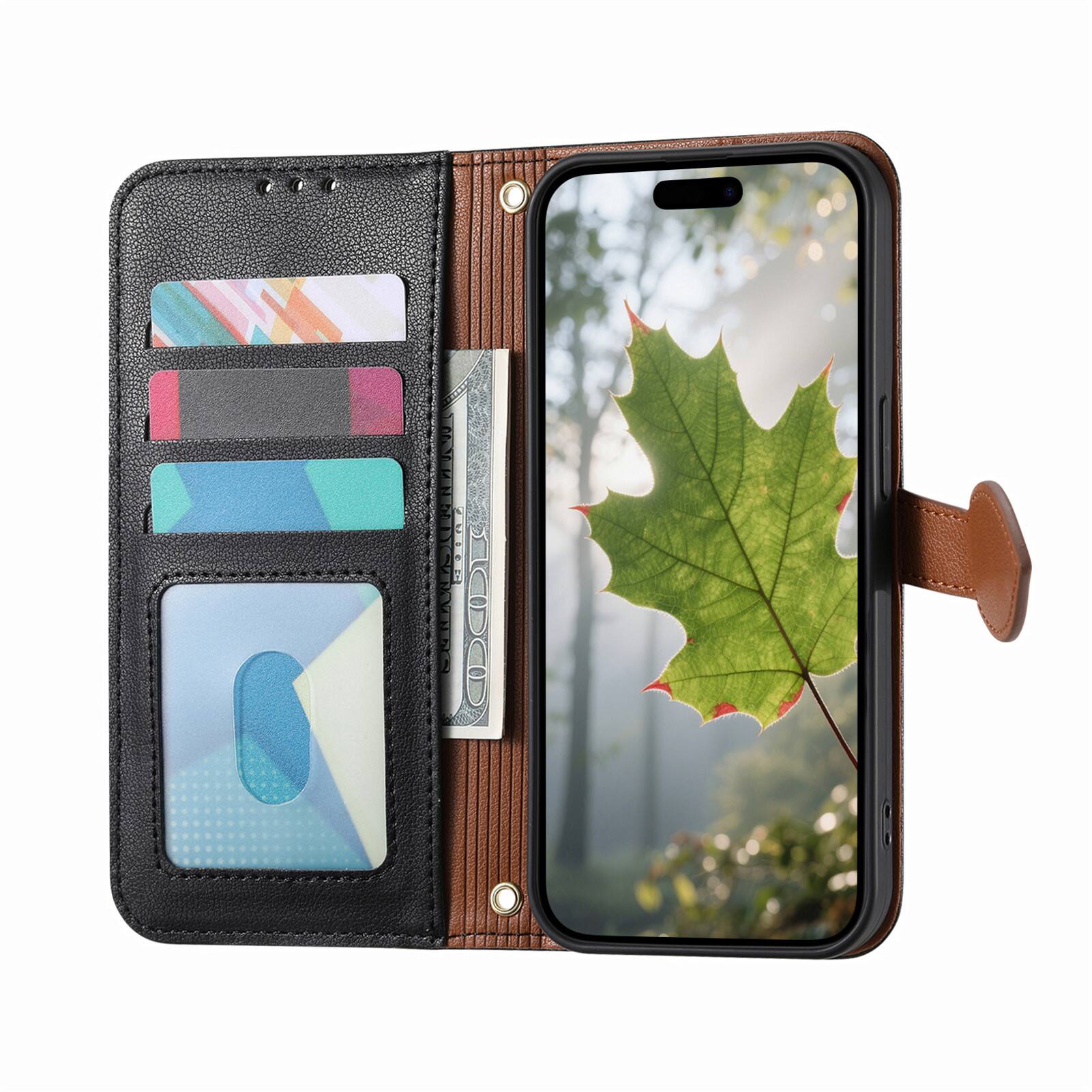 Left. Dteck - for Samsung Galaxy S26+ Wallet Case,PU Leather Flip Zipper Card Slot Leaf-Buckle Shockproof Cover with Wrist Strap - Black.