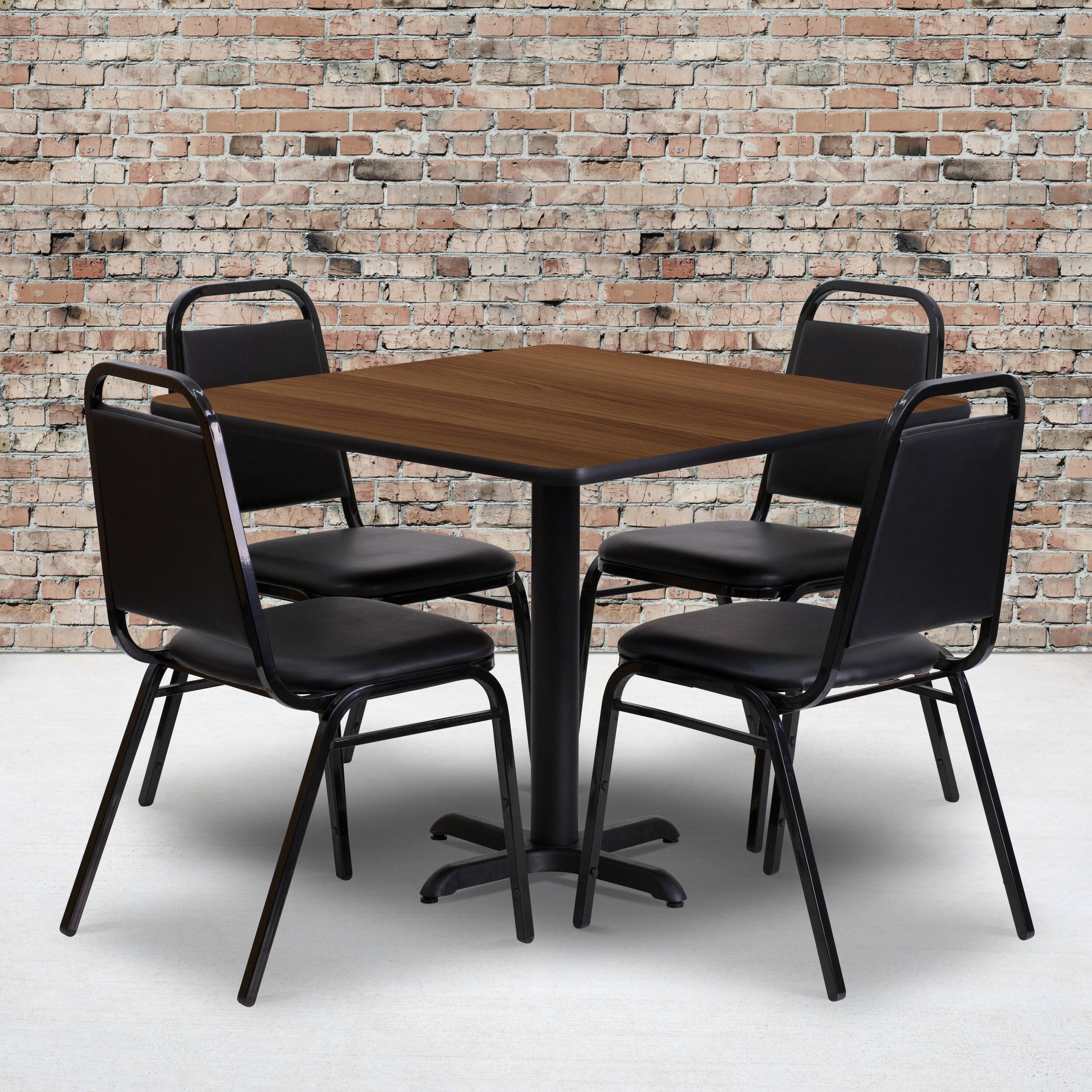 Alt View 1. Emma + Oliver - 36" Square Laminate X-Base Table Set with 4 Banquet Chairs - Walnut Top/Black Vinyl Seat.