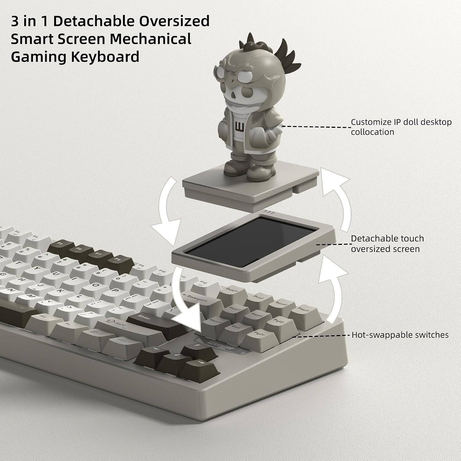 3 in 1 Detachable Oversized Smart Screen Mechanical Gaming Keyboard

Customize IP doll desktop collocation

n H 7 S F5 % F8 G F7 < > 6 & T 7 * Y a ( G U 9 H / J O N K M L V A V HA us

F8 ) O P [ " Sailt CHA

" F16 - + = j  1. Enter

m F12 Detell  nuect Delell End  JB!

Print Heme P90

sere Fgup

Pause

Detachable touch oversized screen Hot-swappable switches