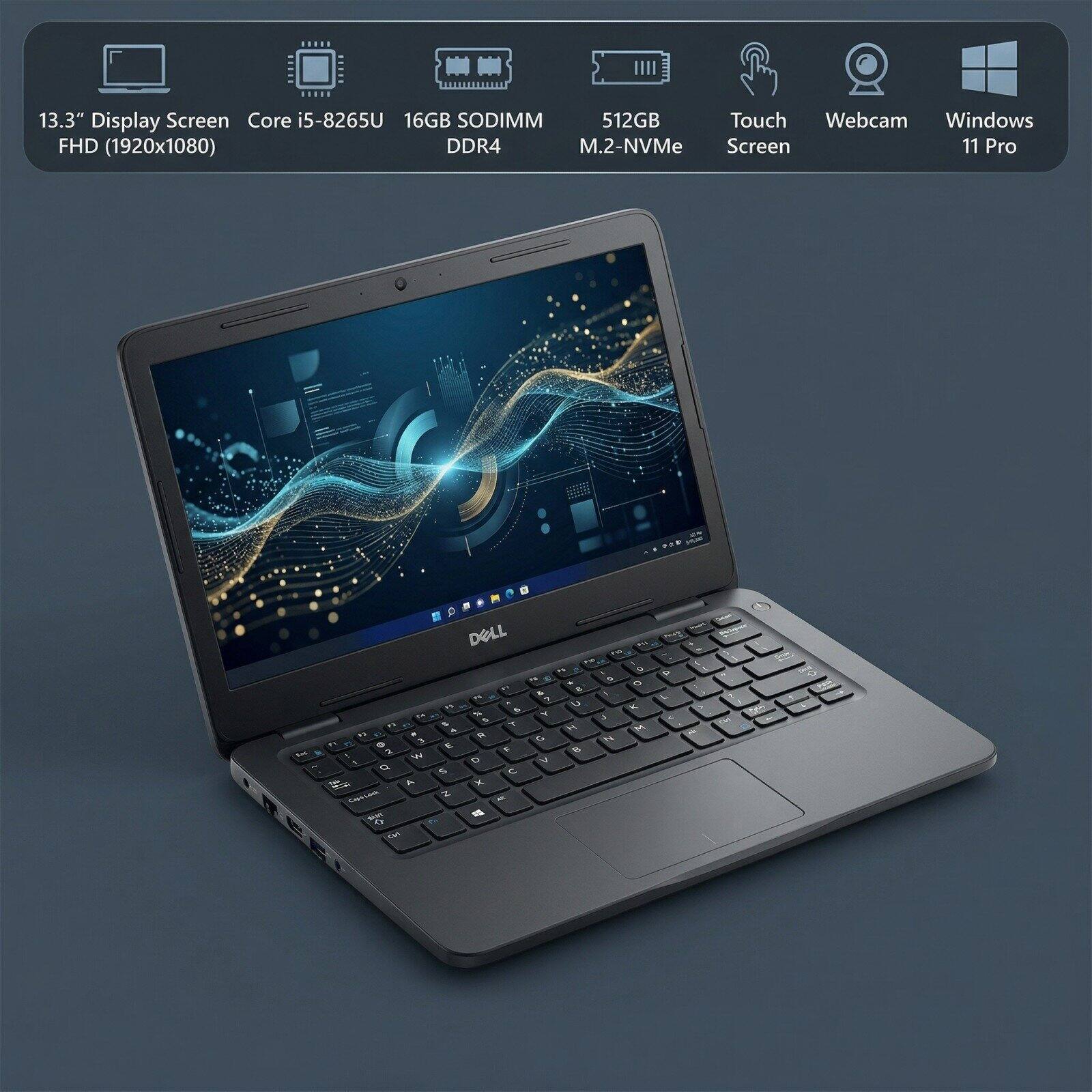 13.3" Display Screen  
Core i5-8265U  
16GB SODIMM DDR4  
512GB M.2 NVMe  
Touch Screen  
Webcam  
Windows 11 Pro  
FHD (1920x1080)