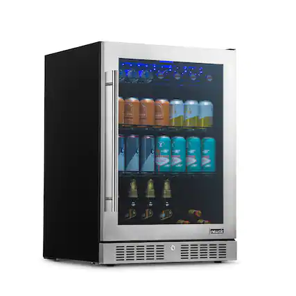 The image shows a refrigerator with a door open, revealing a variety of drinks inside. There are multiple cans of beer, including some that are blue, and a few bottles. The refrigerator is filled with a diverse selection of beverages, making it an appealing option for customers looking to purchase drinks.