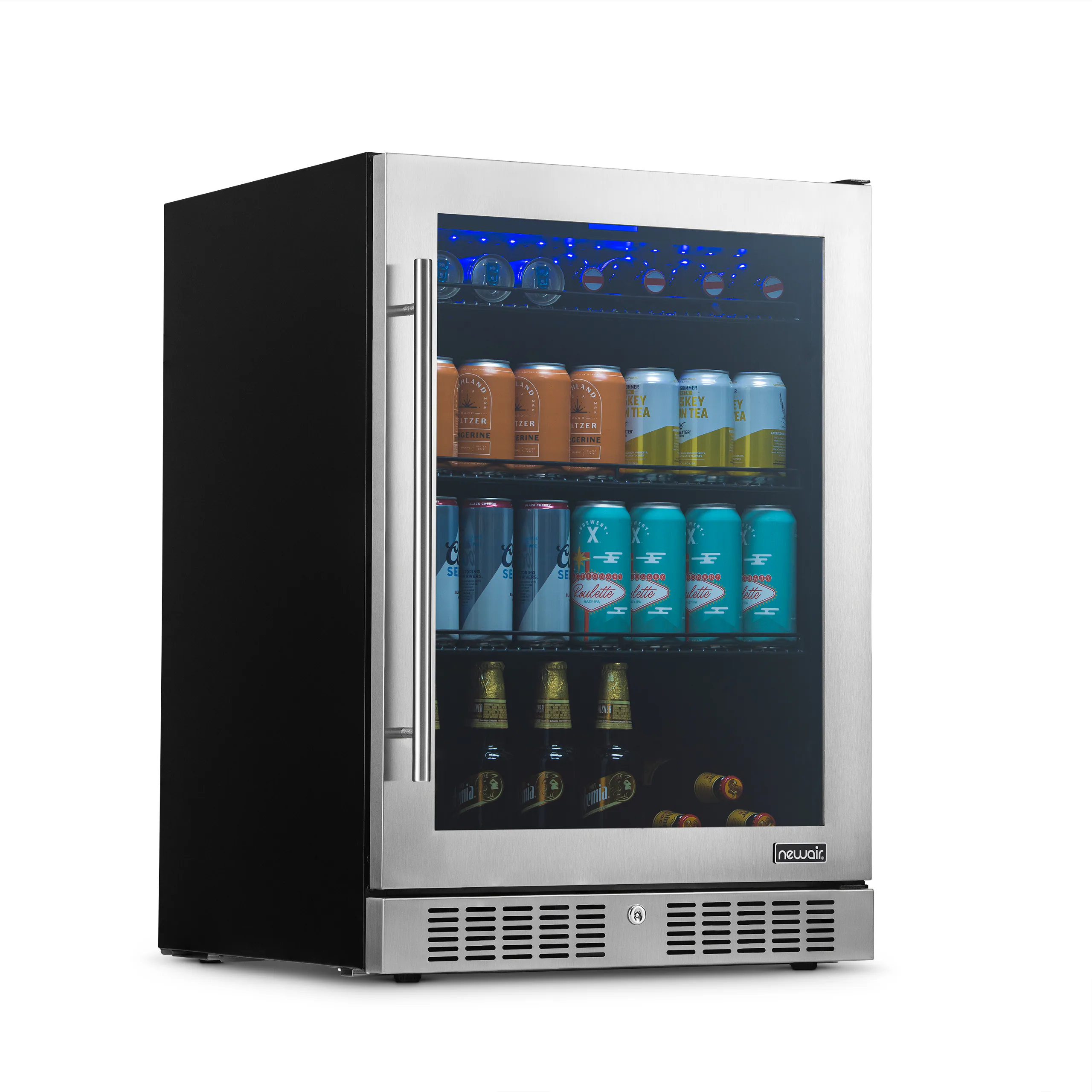 NewAir - 24" 224-Can Built-In Beverage Cooler with Color Changing LED Lights and Adjustable Shelves - Stainless Steel