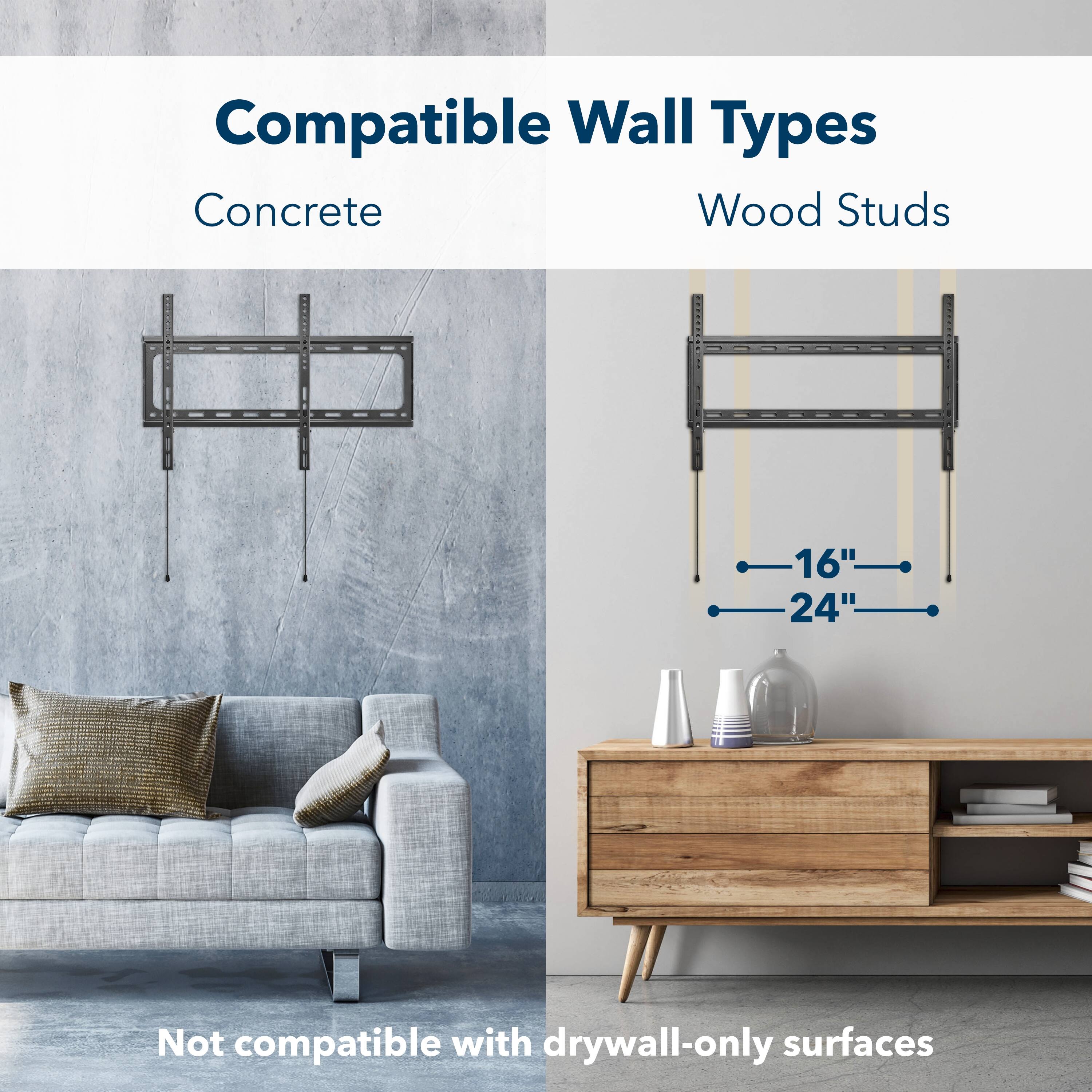 Compatible Wall Types: Concrete, Wood Studs (16", 24")  
Not compatible with drywall-only surfaces
