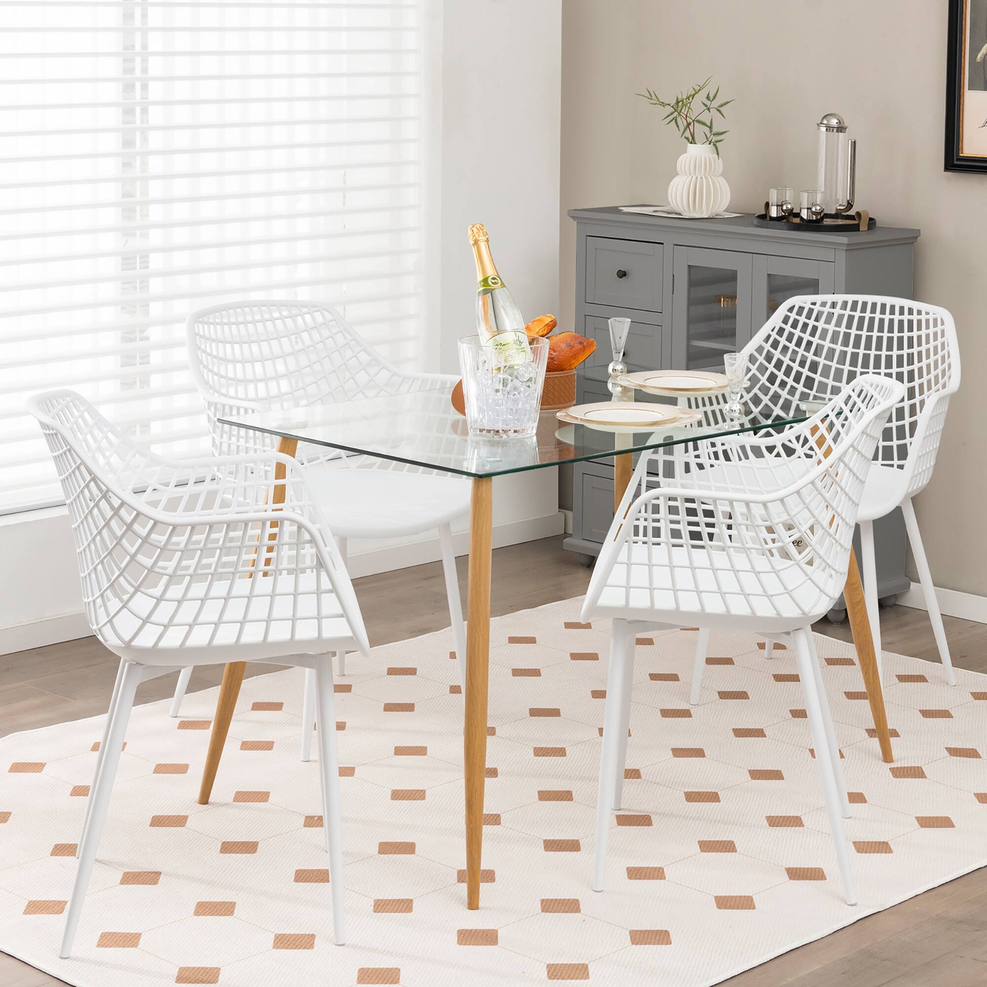 Angle. Costway - Dining Chair Set of 4 Plastic Shell Hollow with Metal Legs - White.