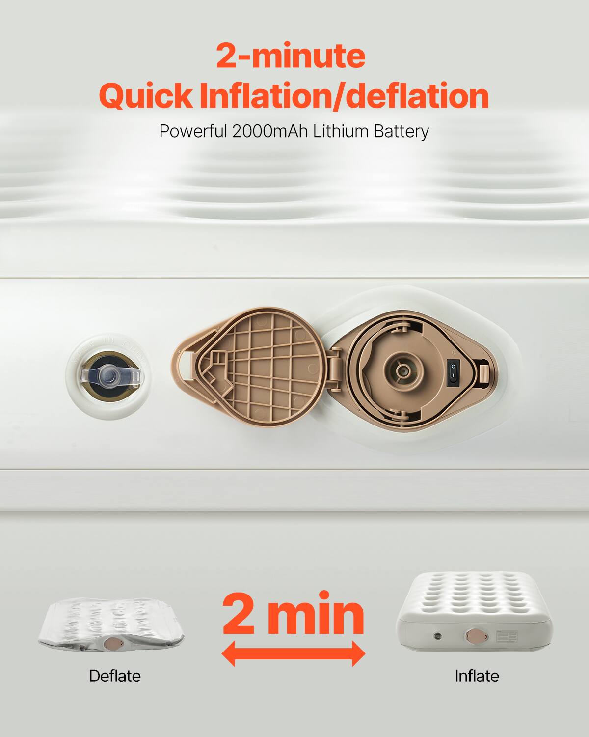 2-minute Quick Inflation/deflation  
Powerful 2000mAh Lithium Battery  

2 min  
Deflate  
Inflate