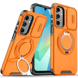 UUCOVER - For Samsung Galaxy S24 FE Magnetic Case with Slide Camera Lens Cover and Rotatable Ring Kickstand, Drop Protection Shell - Orange