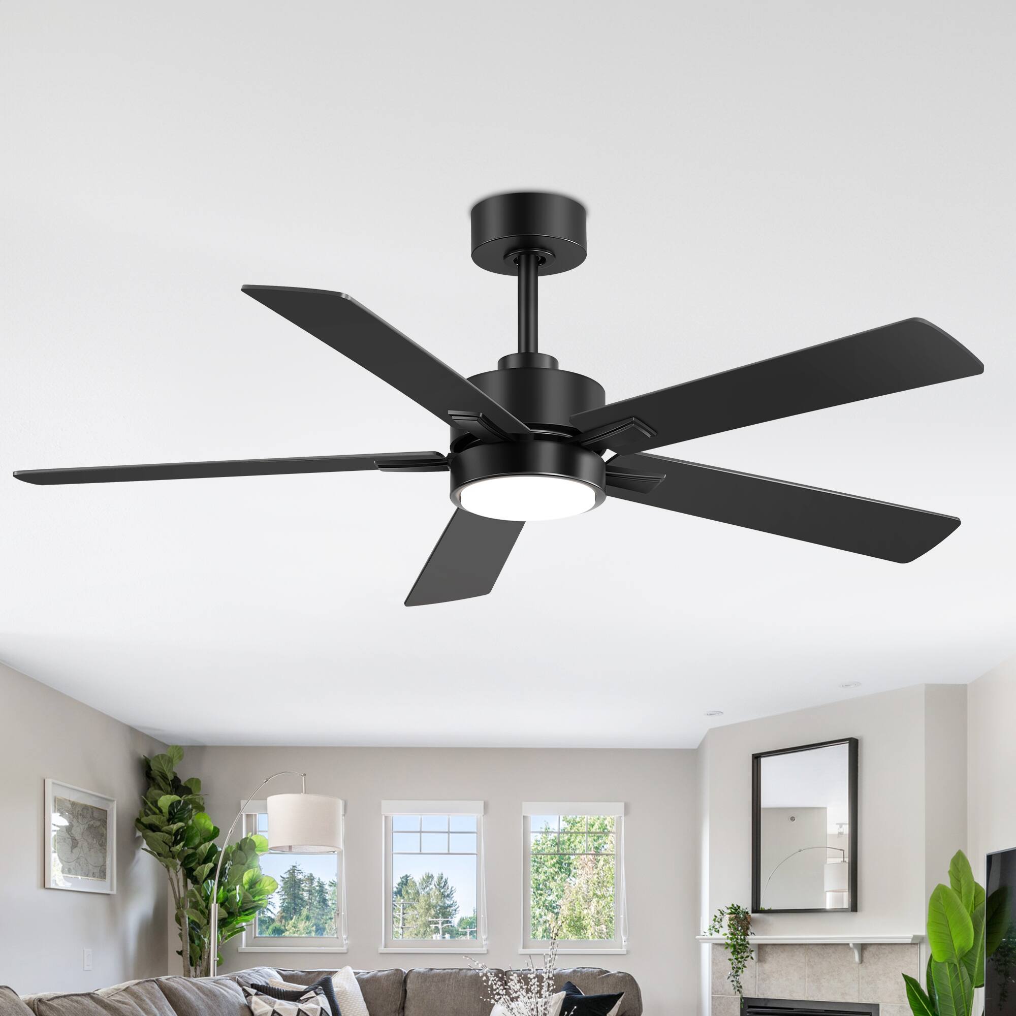 Angle. Breezary - 52-inch Modern Indoor Ceiling Fan with LED Light, 5 Plywood Blades, 6-Speed DC Motor, APP&Remote, Timer, 5" Downrod - 52-inch Matte Black.