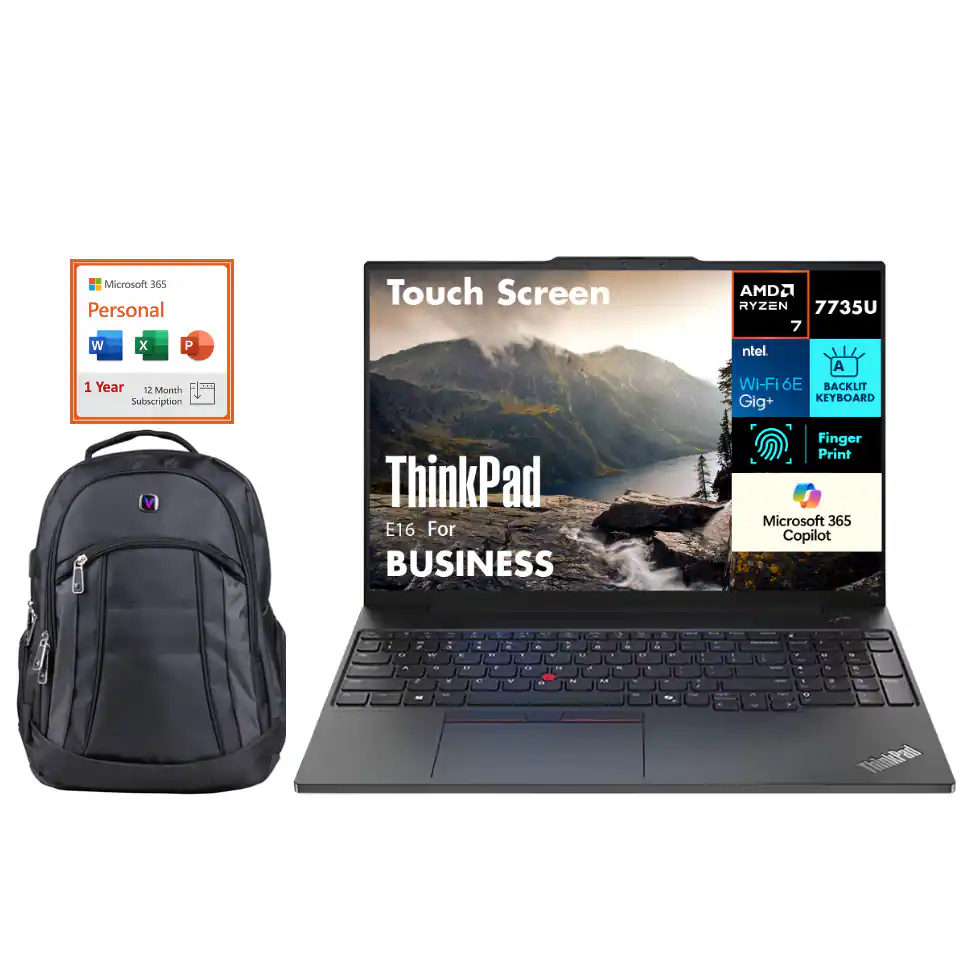 Microsoft 365 Personal  
1 Year 12 Month Subscription  

ThinkPad E16 For BUSINESS  
Touch Screen  
AMD Ryzen 7 7735U  
Intel Wi-Fi 6E Gig+  
Backlit Keyboard  
Finger Print  
Microsoft 365 Copilot