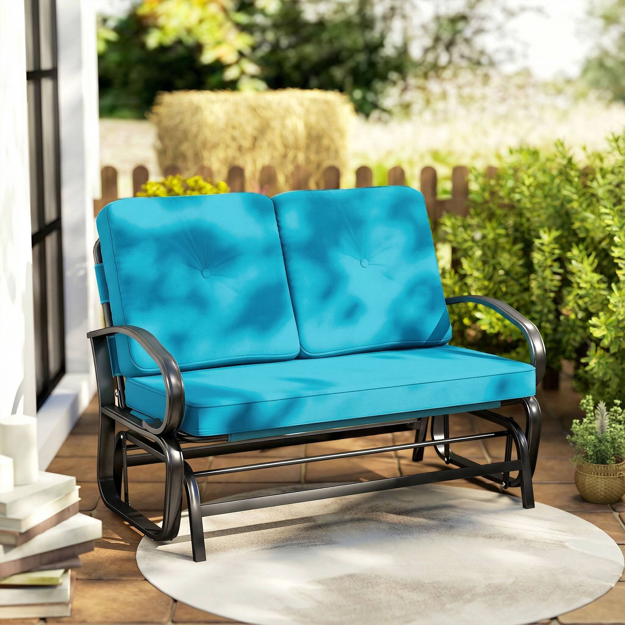 Alt View 7. Outsunny - Outdoor Glider Bench, 2-Person Patio Rocker Loveseat with Tufted Cushions, Steel Frame for Porch, Garden Backyard - Blue.