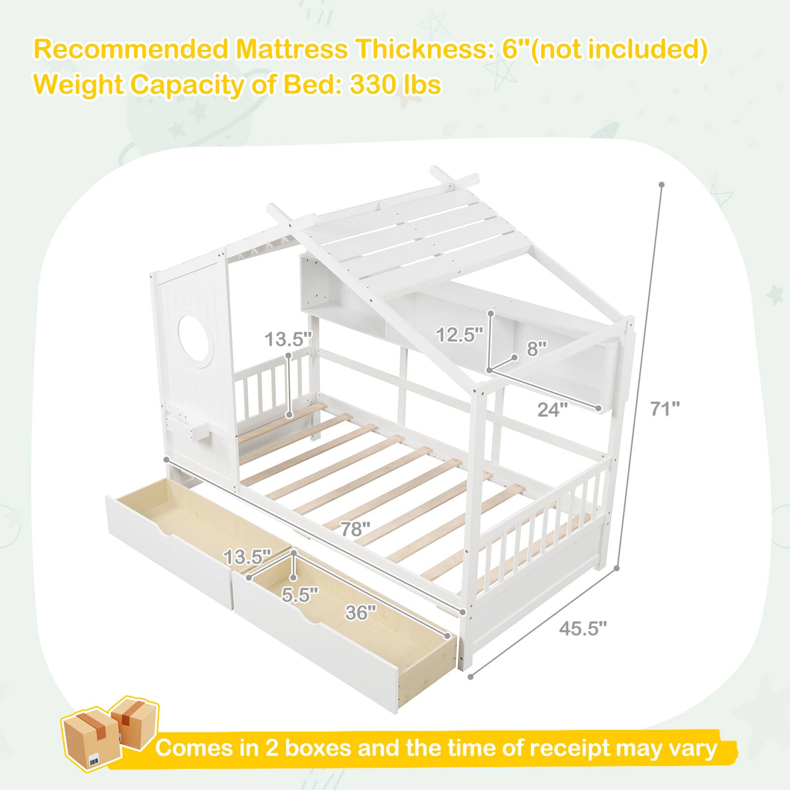 Recommended Mattress Thickness: 6" (not included)  
Weight Capacity of Bed: 330 lbs  

13.5"  
12.5"  
8"  
24"  
71"  
13.5"  
78"  
5.5"  
36"  
45.5"  

Comes in 2 boxes and the time of receipt may vary