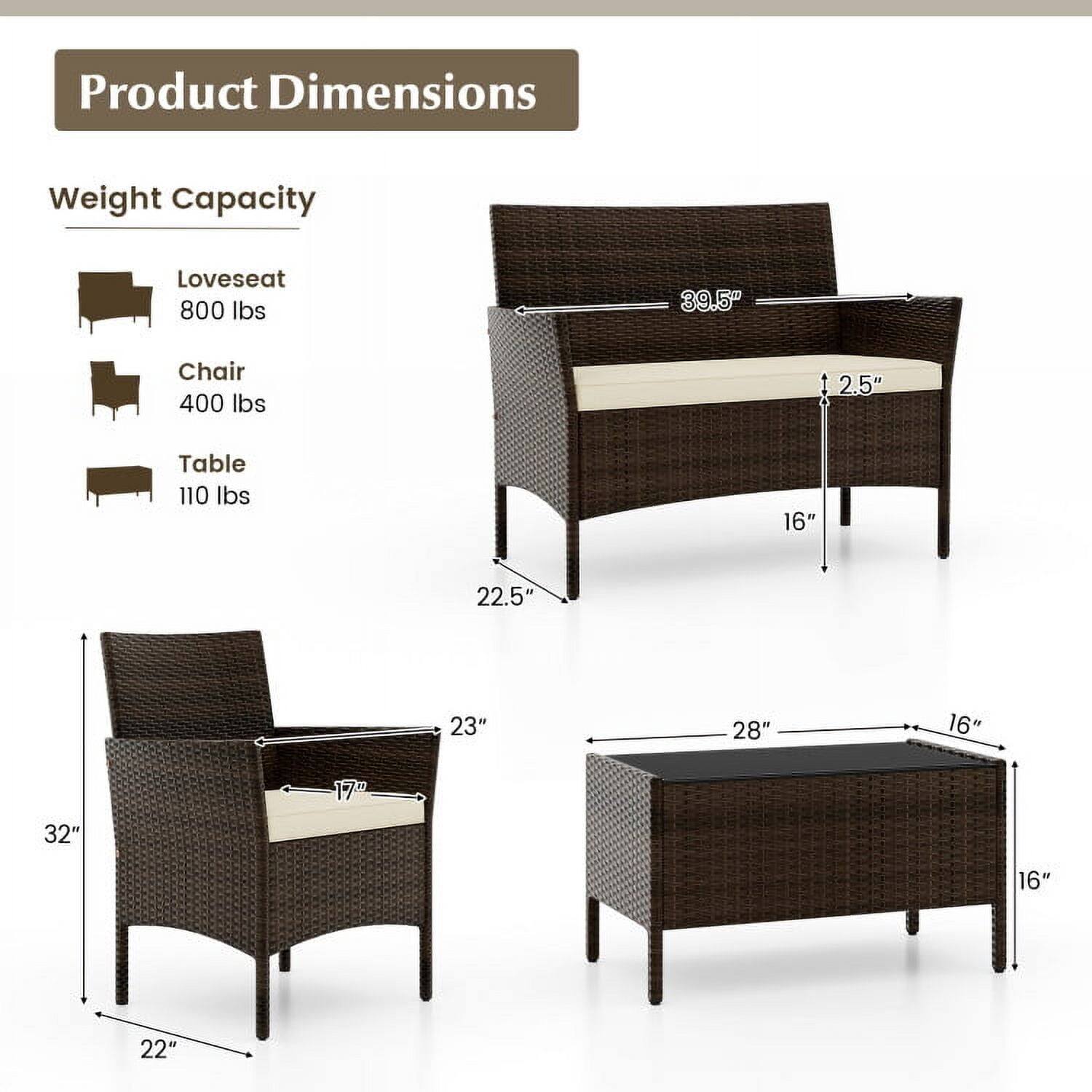 Product Dimensions  
Weight Capacity  
- Loveseat: 800 lbs  
- Chair: 400 lbs  
- Table: 110 lbs  

Dimensions:  
- Loveseat: 39.5" W x 22.5" D x 28" H  
- Chair: 23" W x 17" D x 32" H  
- Table: 28" W x 16" D x 16" H