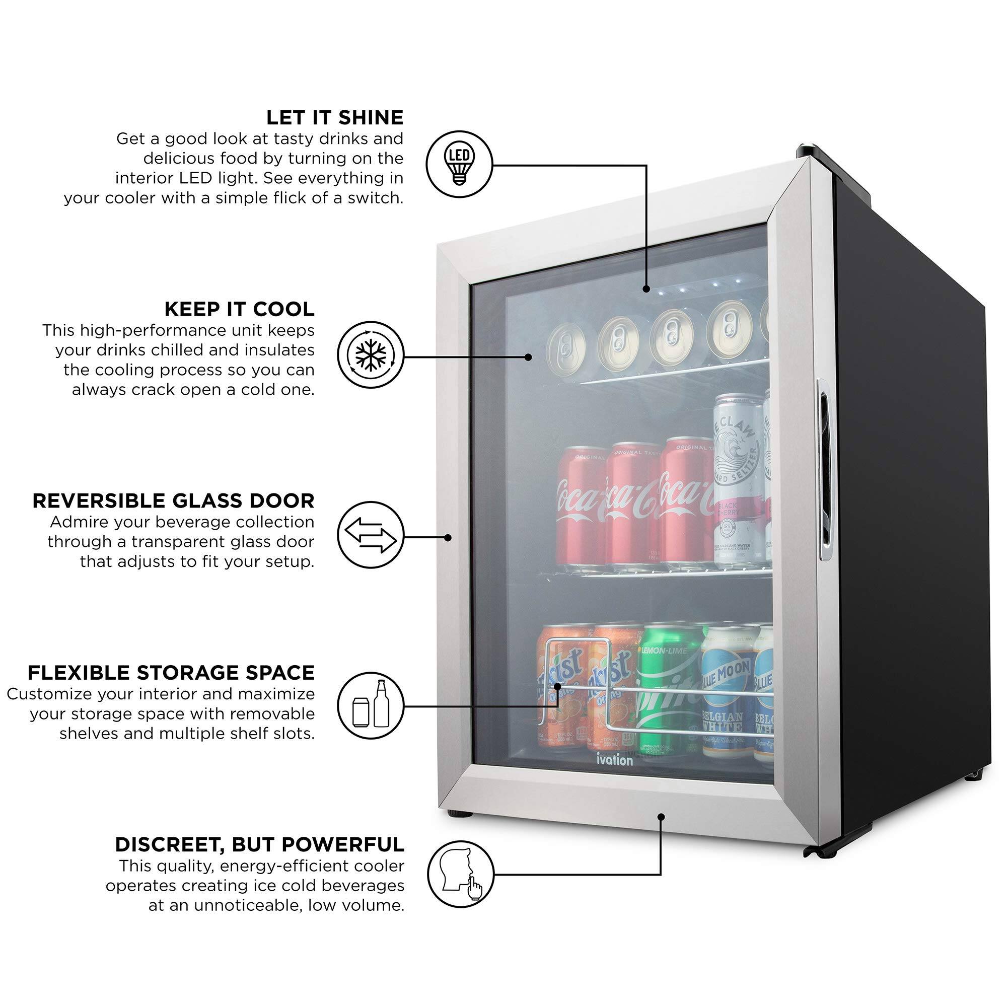 LET IT SHINE  
Get a good look at tasty drinks and delicious food by turning on the interior LED light. See everything in your cooler with a simple flick of a switch.

KEEP IT COOL  
This high-performance unit keeps your drinks chilled and insulates the cooling process so you can always crack open a cold one.

REVERSIBLE GLASS DOOR  
Admire your beverage collection through a transparent glass door that adjusts to fit your setup.

FLEXIBLE STORAGE SPACE  
Customize your interior and maximize your storage space with removable shelves and multiple shelf slots.

DISCREET, BUT POWERFUL  
This quality, energy-efficient cooler operates creating ice cold beverages at an unnoticeable, low volume.