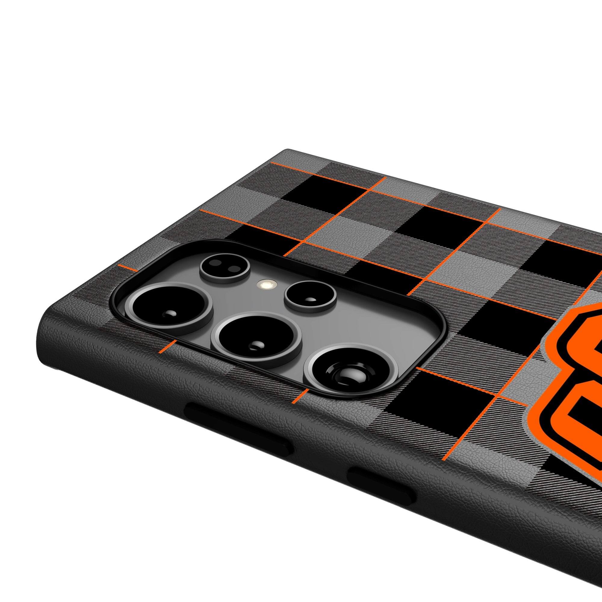 Alt View 3. Keyscaper - Oklahoma State Cowboys Plaid Galaxy Magnetic Bump Case - S24 Ultra - Black.
