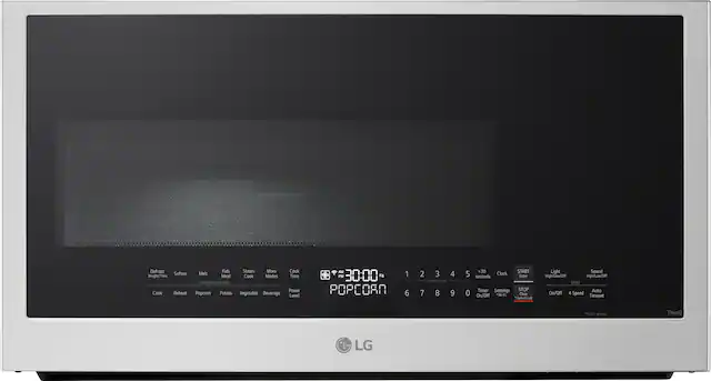 Defrost
Soften
Melt
Cook
Reheat
Kids
Steam
More
Cook Modes
SENSOR COOKING
Popcorn
Potato
Vegetable
Beverage
Cook Time
Power Level
AM/PM
30:00
Kg
POPCORN
1 2 3 4 5 6 7 8 9 0 +30
START
Clock
seconds
Enter
Timer Settings
STOP
On/Off
W-
Cnr
Cae
Lo
Light
Sound
High/Low/OH
High
Low
VENT
Auto On/Off
4 Speed
Timeset
*IoM
seconds
ThinQ
LG