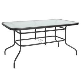 Emma + Oliver - 31.5" x 55" Rectangular Tempered Glass Metal Table with Umbrella Hole - Clear Top/Black Frame