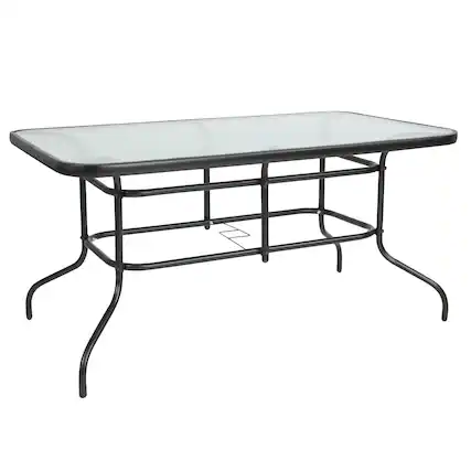 Front. Emma + Oliver - 31.5" x 55" Rectangular Tempered Glass Metal Table with Umbrella Hole - Clear Top/Black Frame.