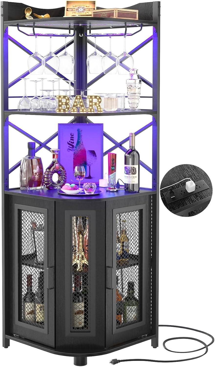 Aheaplus - Industrial 5-Tiers Corner Bar/Wine/Liquor Cabinet with Power Outlet, LED Strip & Glass Holder for Home Small Space - Black price history on PriceWatchPro