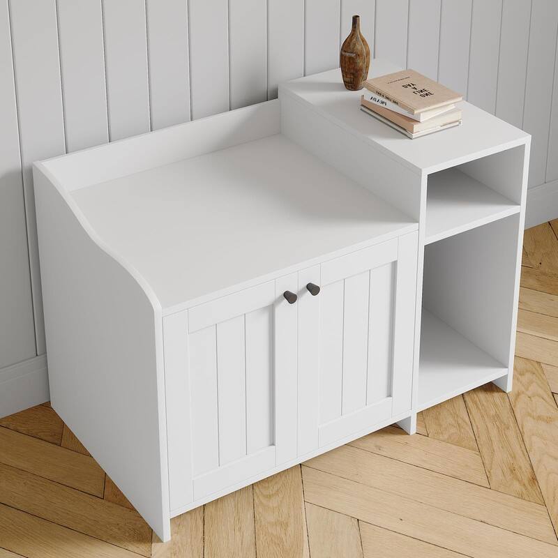 Alt View 4. GARVEE - Modern Cat Litter Box Enclosure Furniture - Hidden Cabinet w/Storage, Dog-Proof Design & Double Doors, End Table - White.