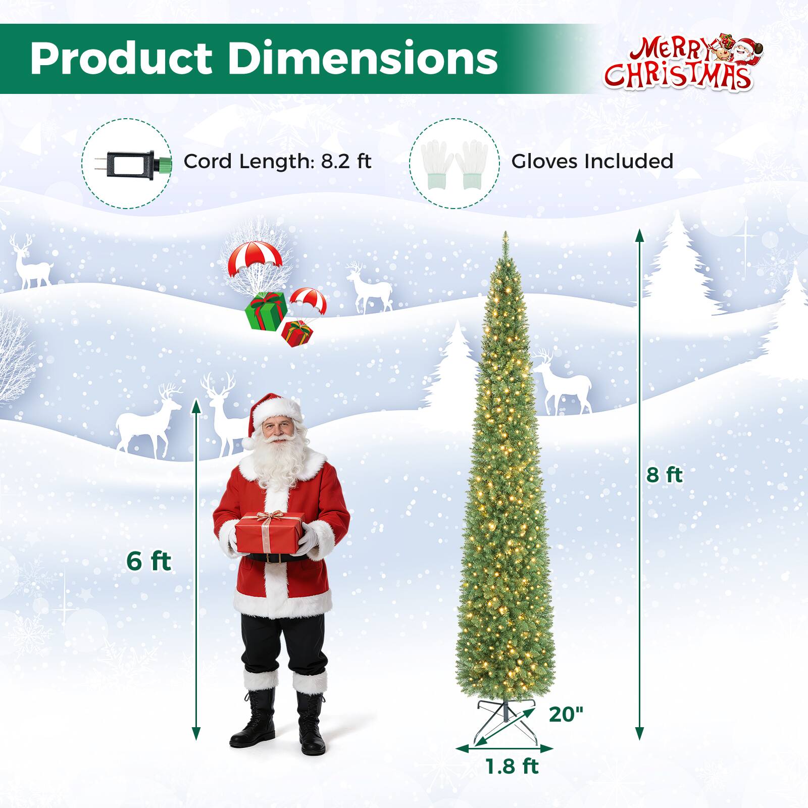 Gymax 8 FT Pre Lit Artificial Christmas Tree Realistic Slim Pencil Xmas ...