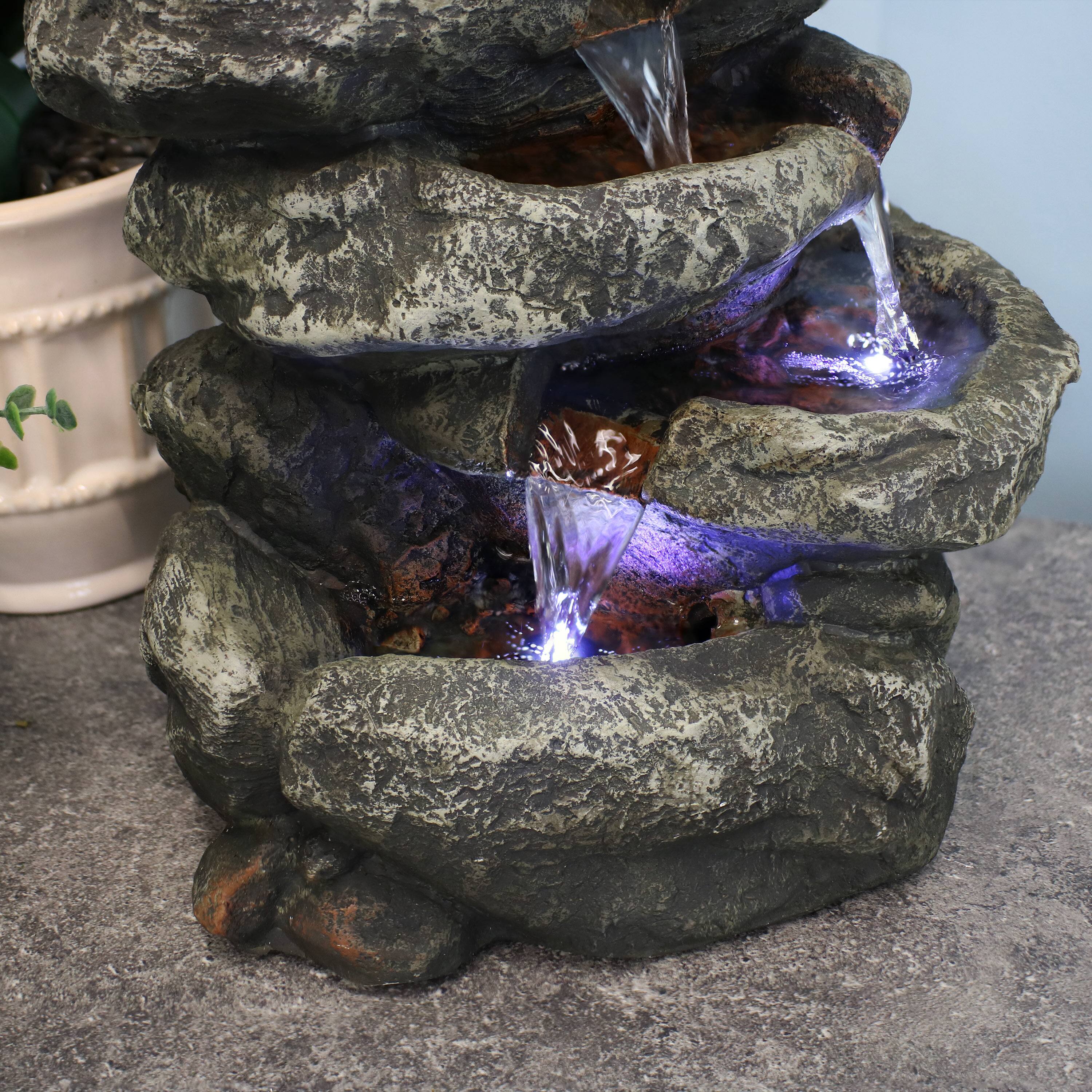 Alt View 7. Sunnydaze - Stone Falls Polyresin 6-Tier Indoor Fountain with LED - 15 in - Grey.