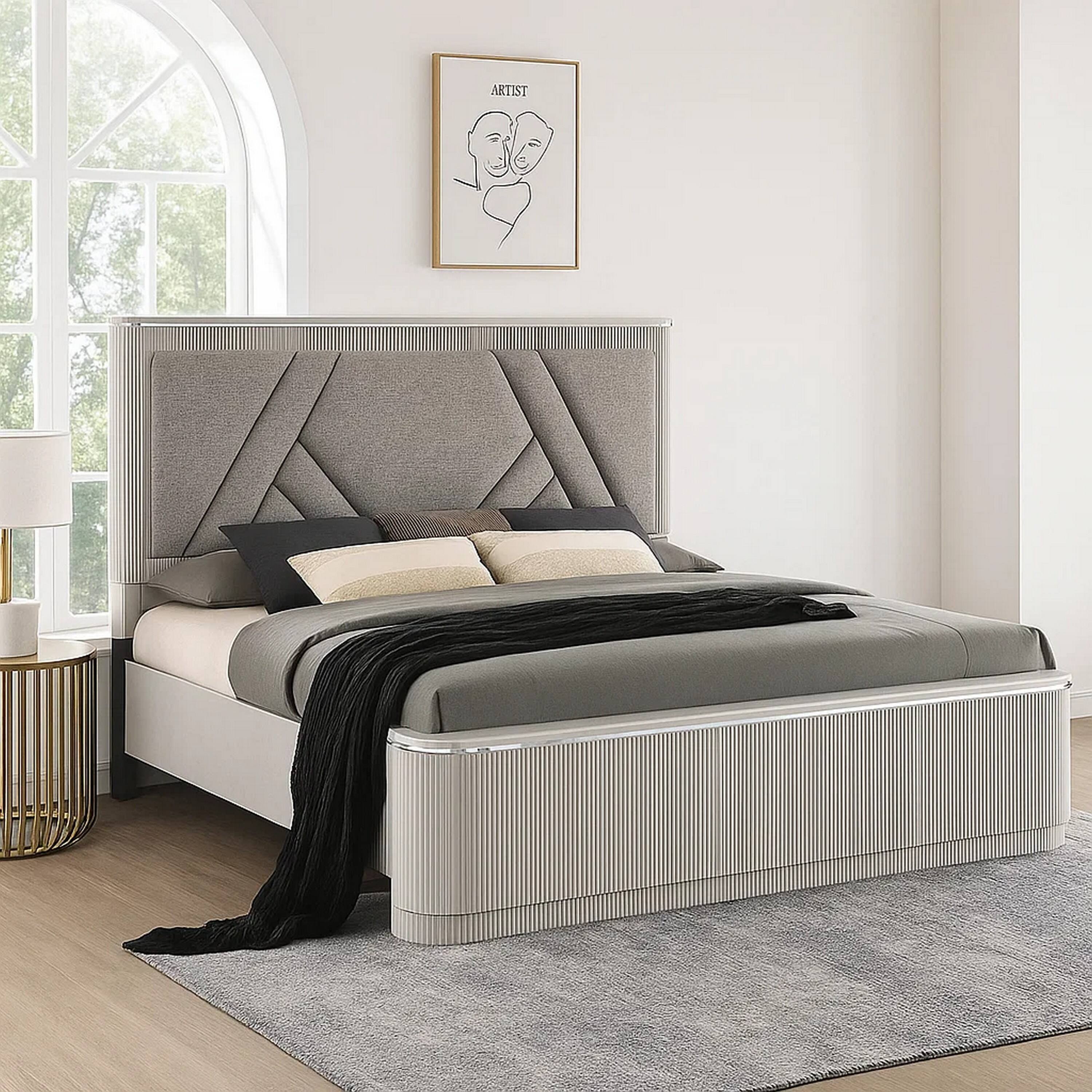 Alt View 5. Manhattan Lane - Alda Queen Bed, Upholstered Geometric Headboard, Light Gray Reeded Wood - Light Gray, Silver.