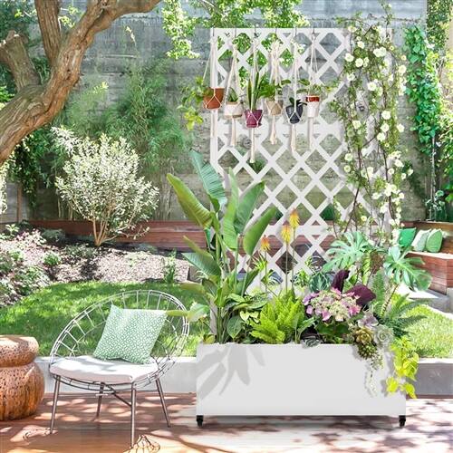 Angle. SlickBlue - White Metal Raised Planter Box with Trellis on Wheels for Outdoor Use - White.