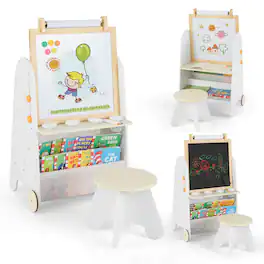 Costway - 4-in-1 Kids Art Easel with Stool with Magnetic Whiteboard Chalkboard & Paper Roll - Natural