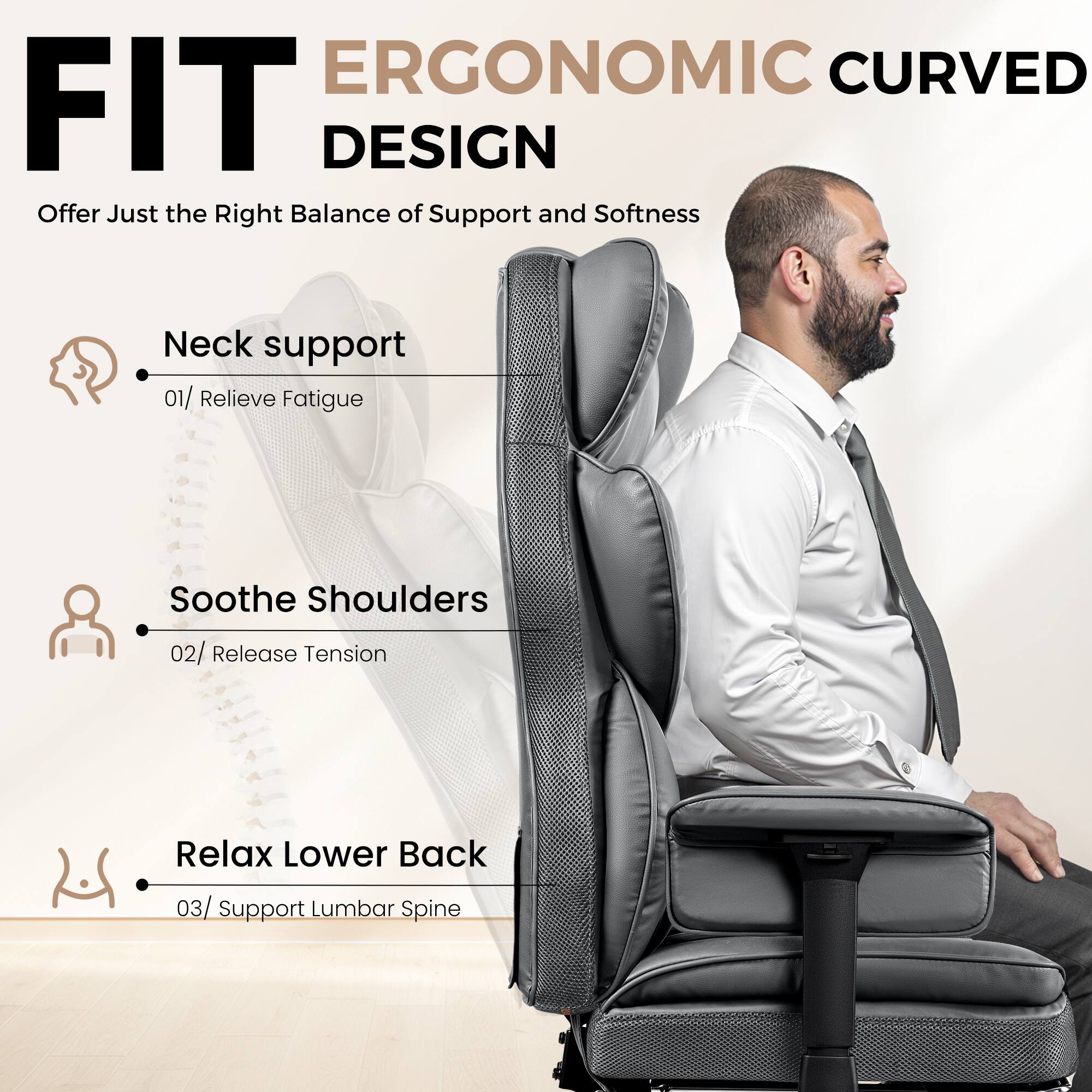 KERDOM - Ergonomic Reclining Office Desk Chair, Beautiful PU Leather High Back Computer Chair, Adjustable Armrest & Height - Gray - Thumbnail 4