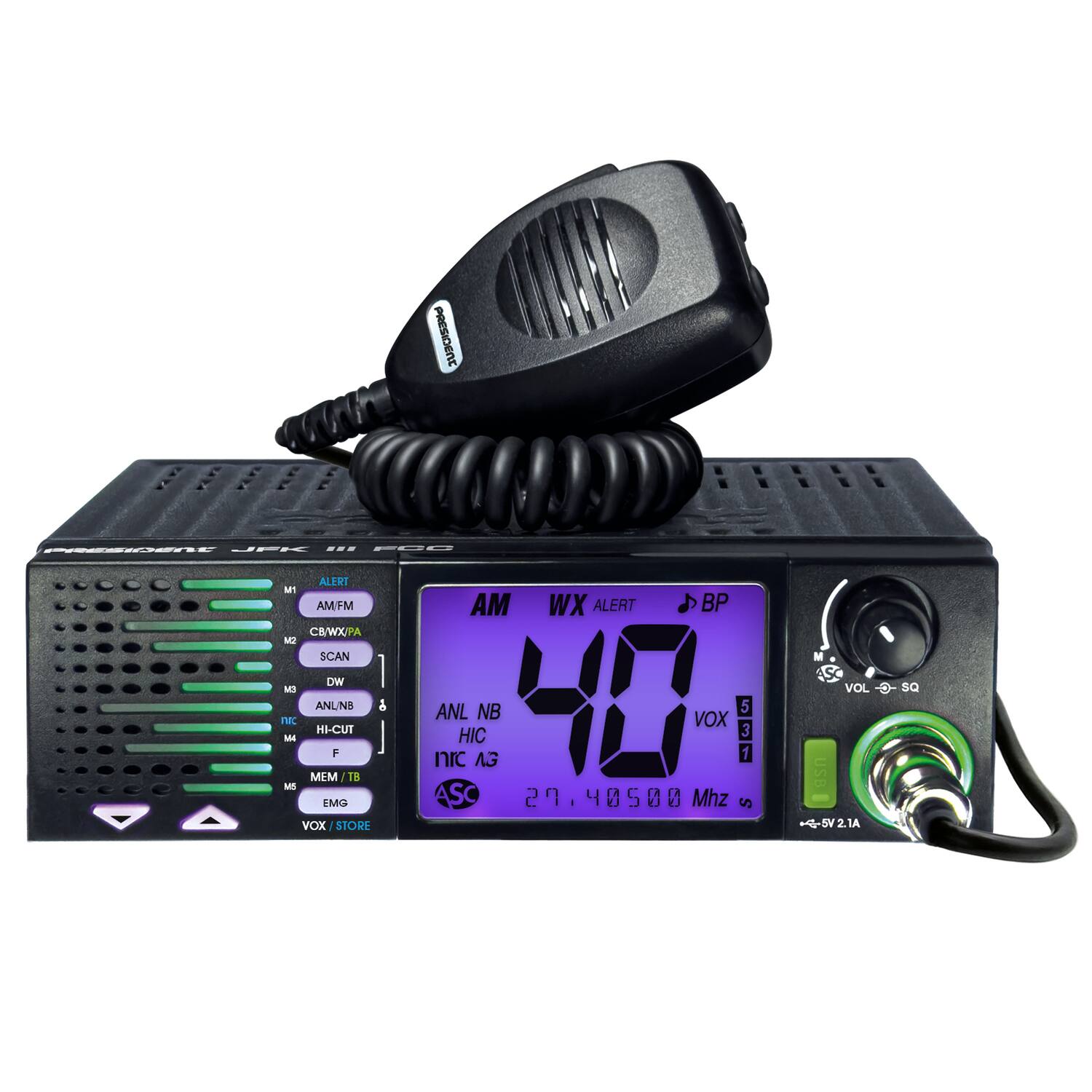 PRESIDENT n - ... PL ALERT M1 AMPM AM WX ALERT BP CB/WX/PA MO SCAN WO MO nE MN ANUNS HI-CUT + & nrc ANL HIC G NB + VOX 5 1 3 MEM 18 MS EMG ASC 29. 2P Mhz S VOX VOX/STORE M VOL 2 sQ USB -5Y 2.1A