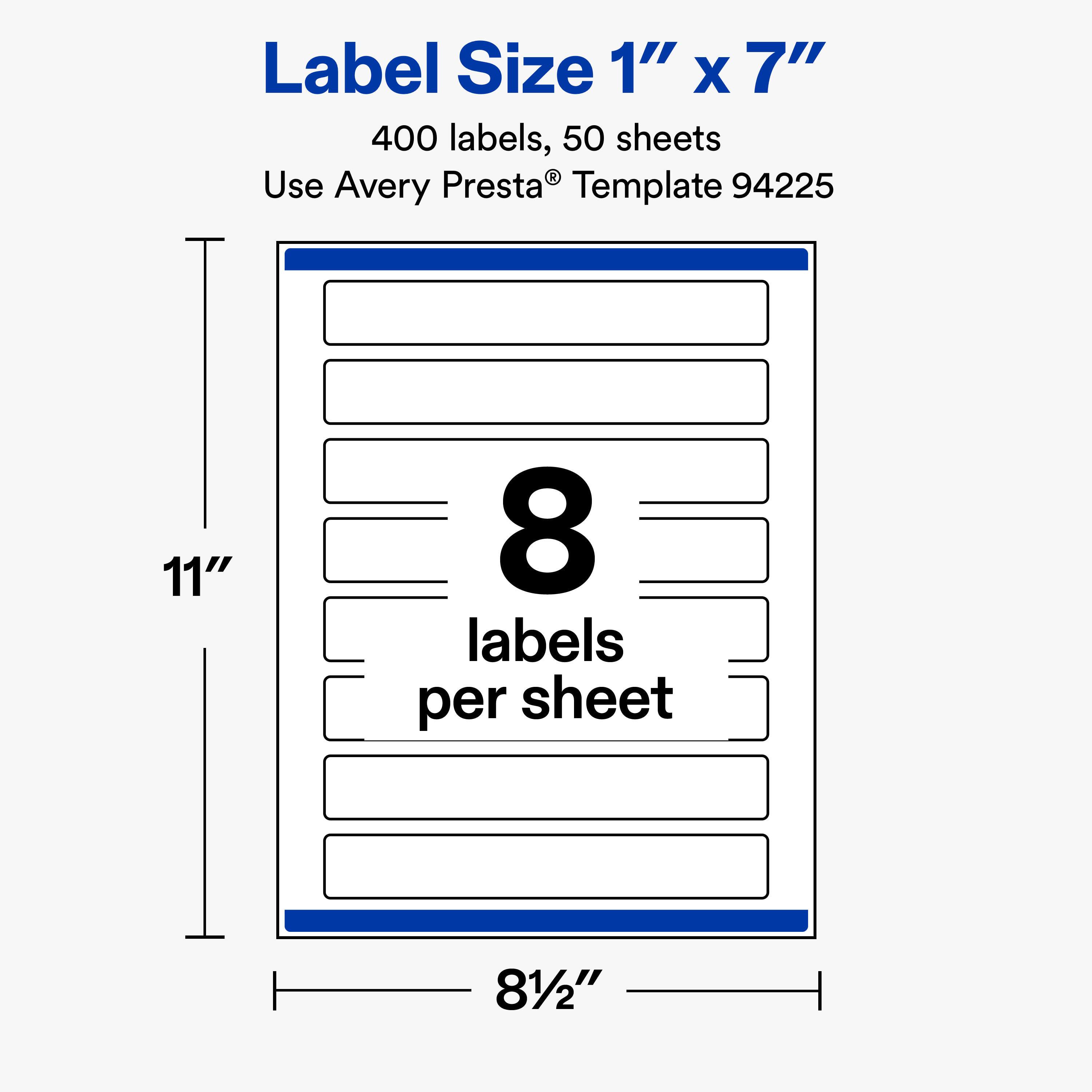 Label Size 1" X 7" 400 labels, 50 sheets R Use Avery Presta Template 94225

11"
8 labels per sheet
81/2"