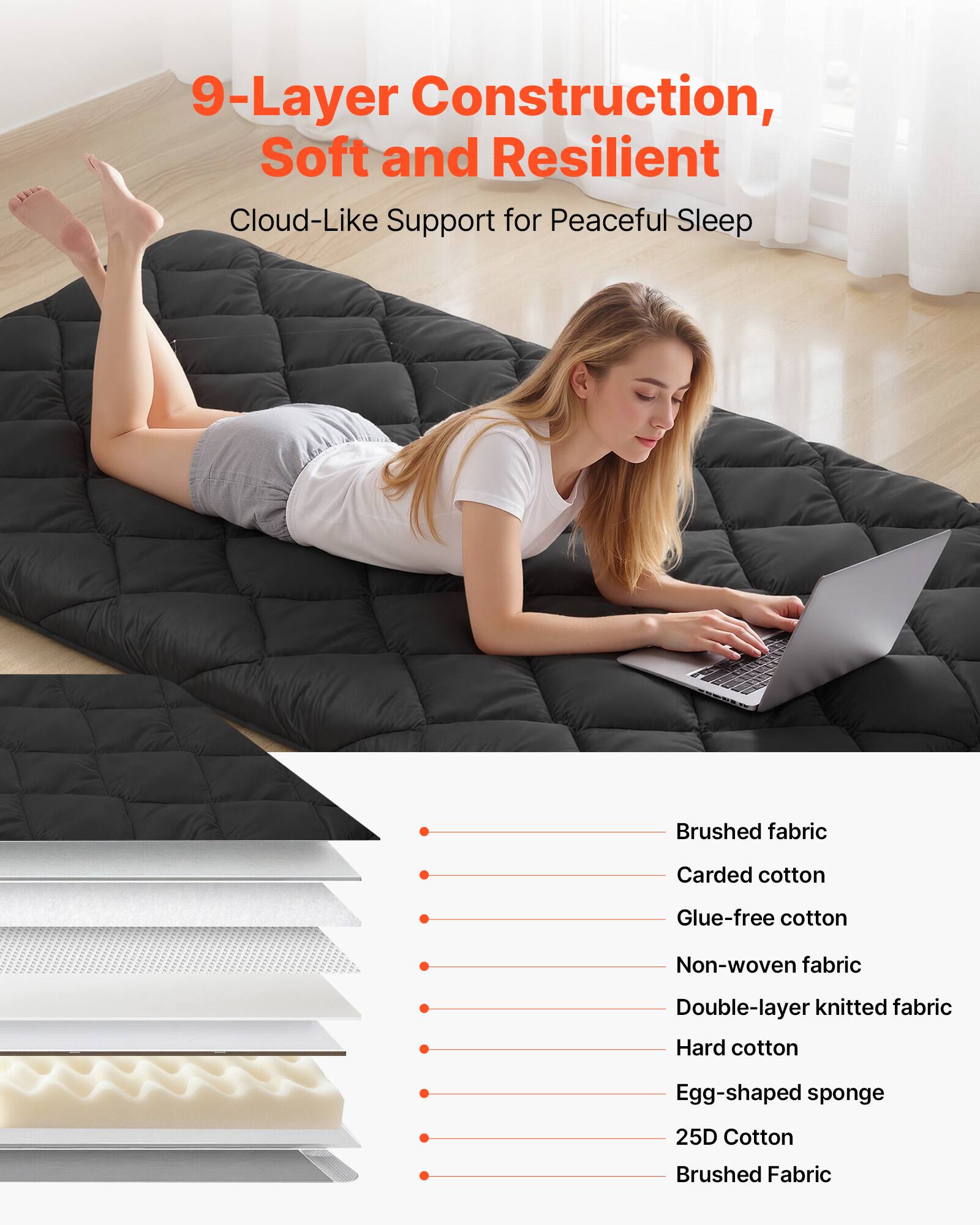 9-Layer Construction, Soft and Resilient  
Cloud-Like Support for Peaceful Sleep  

- Brushed fabric  
- Carded cotton  
- Glue-free cotton  
- Non-woven fabric  
- Double-layer knitted fabric  
- Hard cotton  
- Egg-shaped sponge  
- 25D Cotton  
- Brushed Fabric