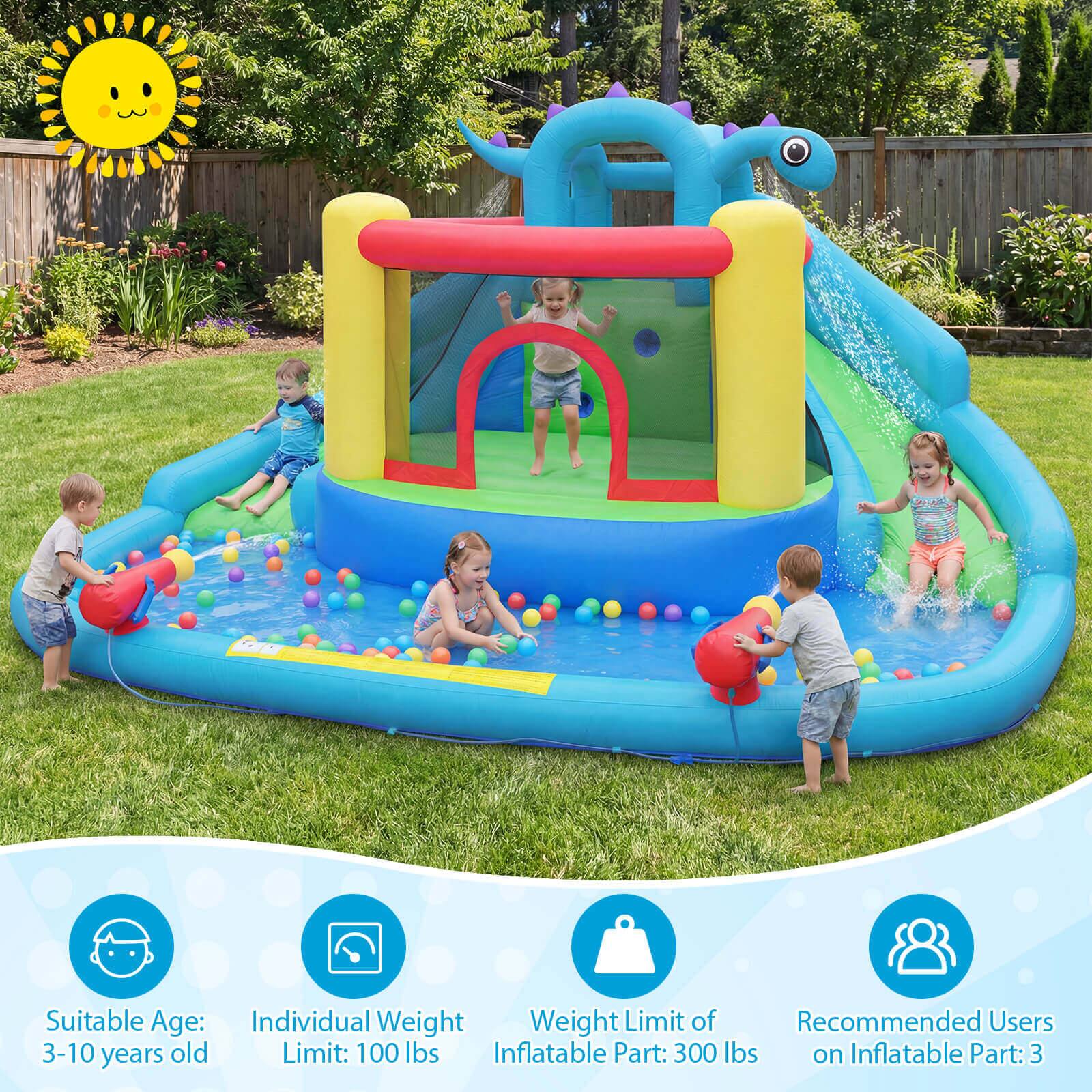 Suitable Age: 3-10 years old  
Individual Weight Limit: 100 lbs  
Weight Limit of Inflatable Part: 300 lbs  
Recommended Users on Inflatable Part: 3