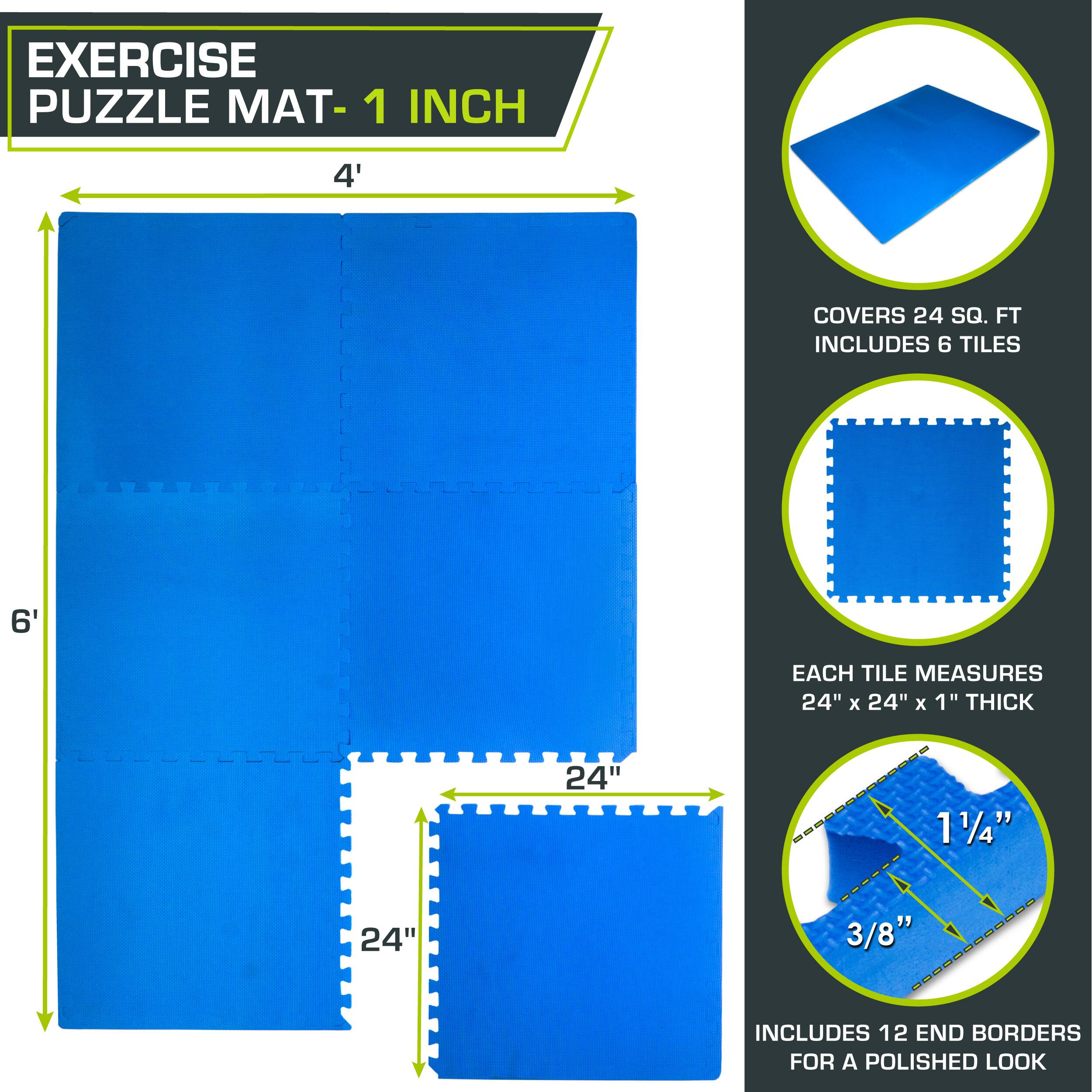 **Exercise Puzzle Mat - 1 Inch**

- **Size:** 4' x 6' (Covers 24 sq. ft.)
- **Includes:** 6 tiles
- **Each Tile Measures:** 24" x 24" x 1" thick
- **Includes:** 12 end borders for a polished look

**Details:**
- **Thickness:** 1/4" (each tile)
- **Border Thickness:** 3/8"