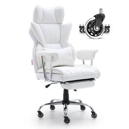 Akoasm - Heavy Duty PU Leather Reclining Office Chair with Footrest, Wide Gaming Chair with Lumbar Support, Quiet Wheels - White