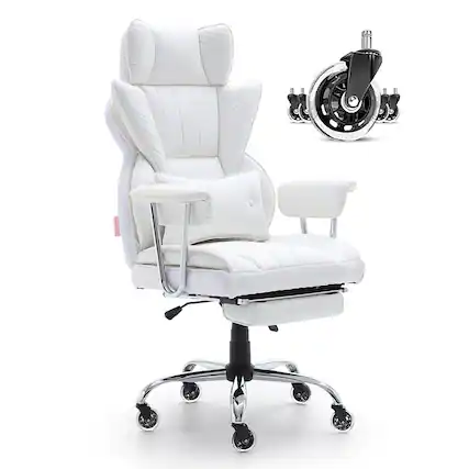 Front. Akoasm - Heavy Duty PU Leather Reclining Office Chair with Footrest, Wide Gaming Chair with Lumbar Support, Quiet Wheels-White - White.