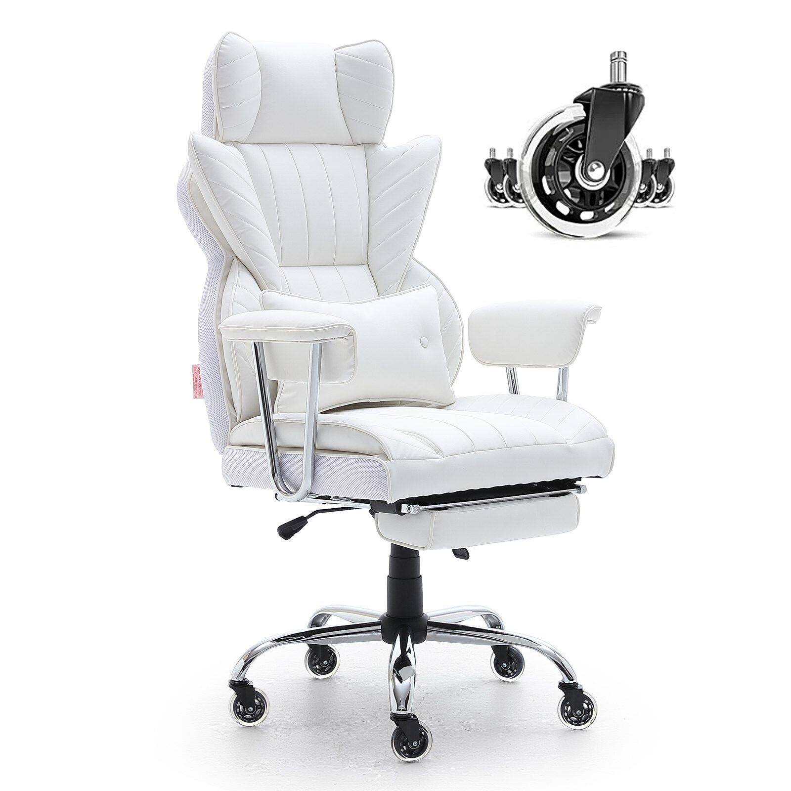 Front. Akoasm - Heavy Duty PU Leather Reclining Office Chair with Footrest, Wide Gaming Chair with Lumbar Support, Quiet Wheels-White - White.