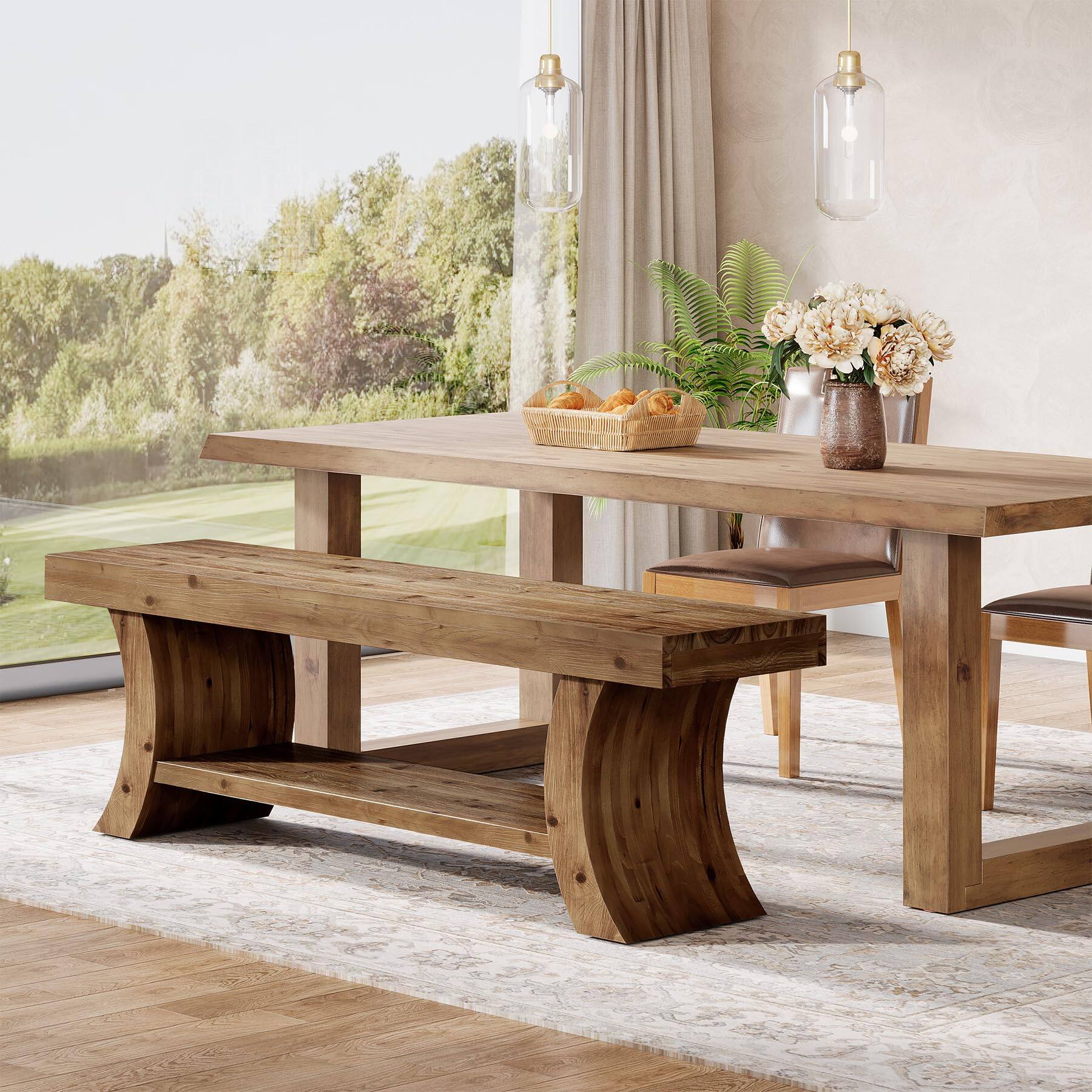 Alt View 3. Tribesigns - Solid Wood Entryway Bench with Thick Curved Base and Open Storage Shelf - Brown.