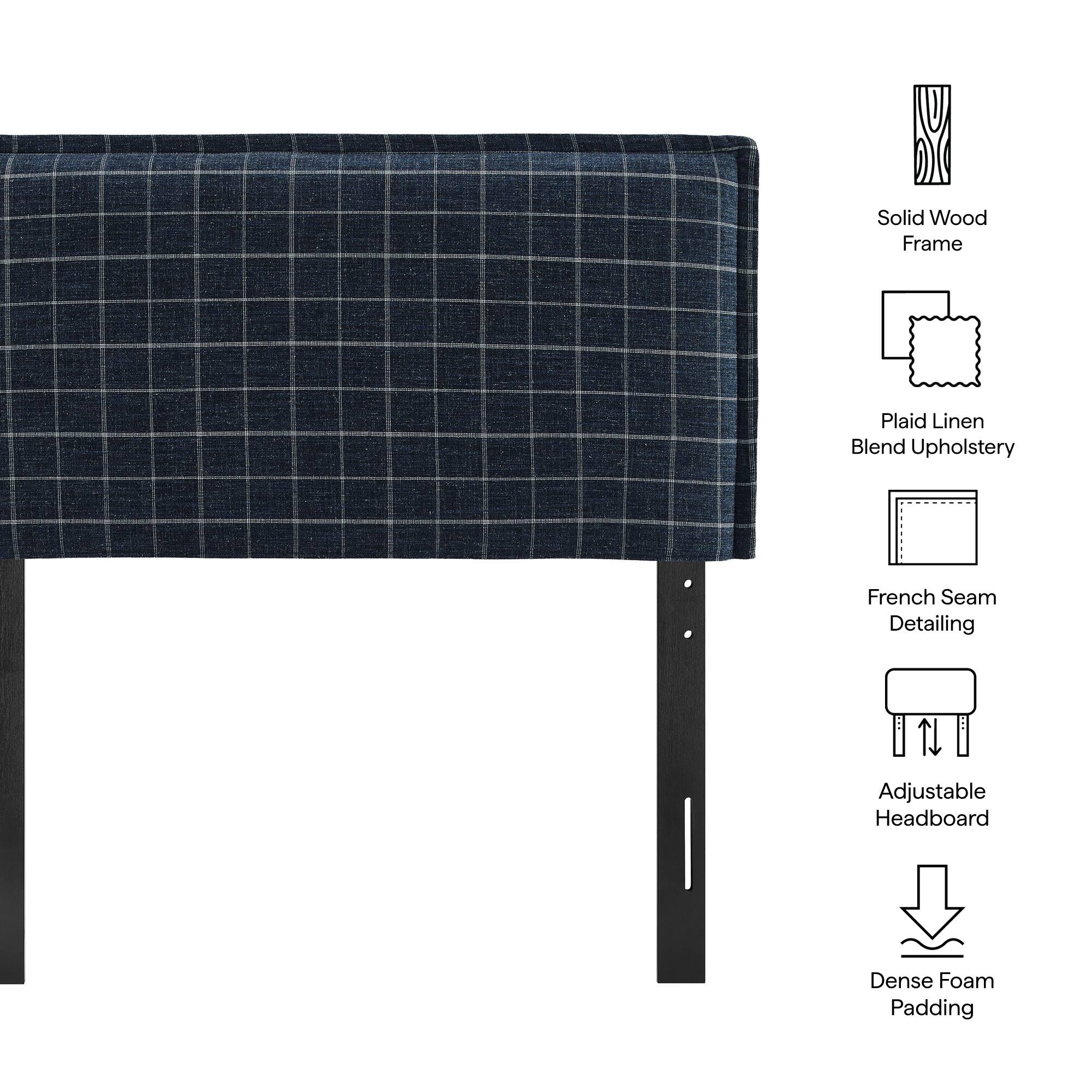 Solid Wood Frame  
Plaid Linen Blend Upholstery  
French Seam Detailing  
Adjustable Headboard  
Dense Foam Padding