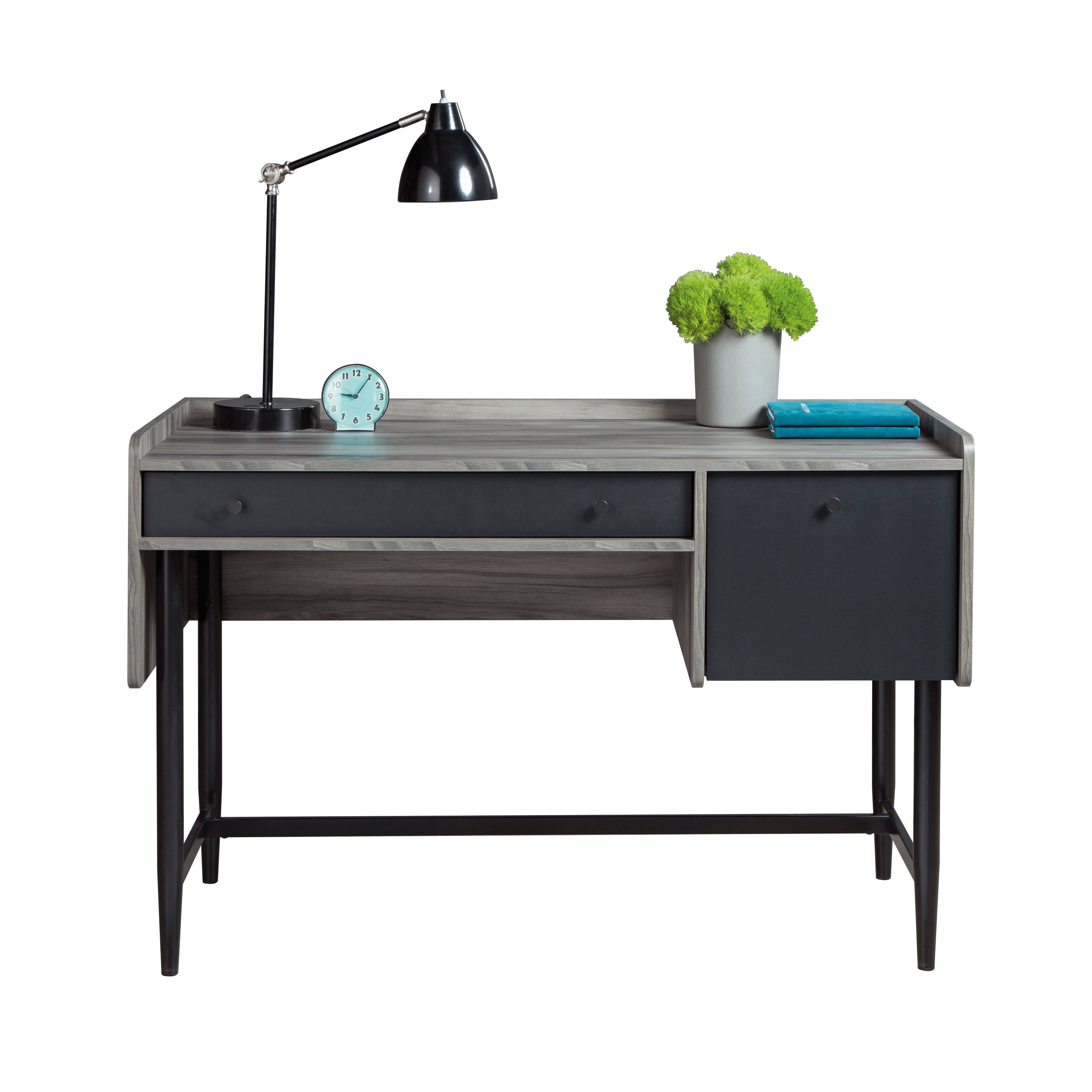 Back. Spaco - Space Saving Desk, Smart Shelves, Full Drawer, Slim Brown Office - Gray.