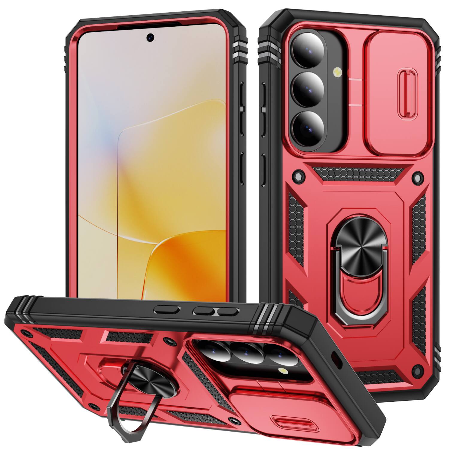 Front. Dteck - Dteck Rugged Case For Samsung Galaxy S26 Plus with Slide Camera Magnetic Ring Kickstand PC TPU Cover - Red/Black.